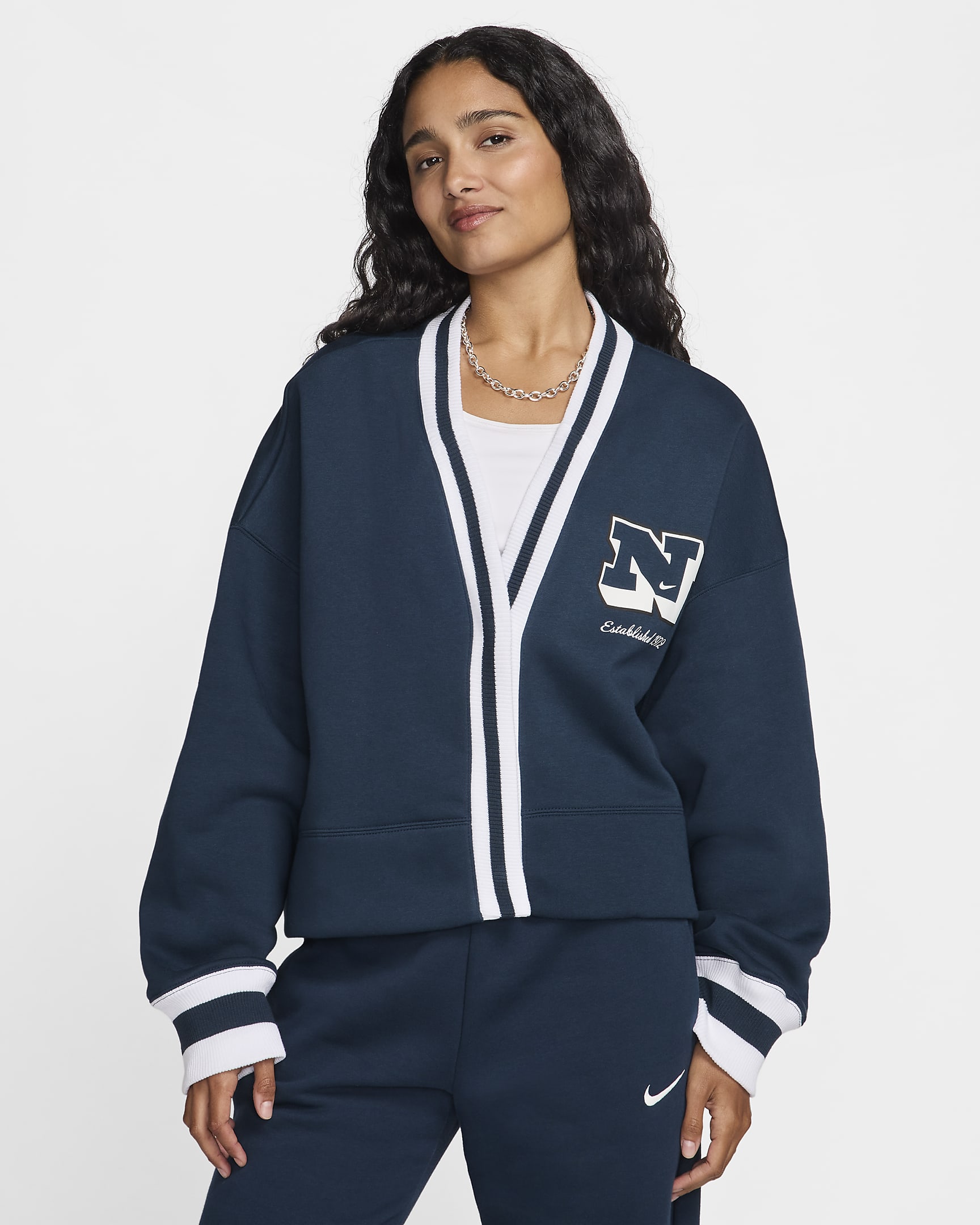 Cardigan extraoversized para mujer Nike Sportswear Phoenix Fleece - Azul marino militar/Blanco/Azul marino militar