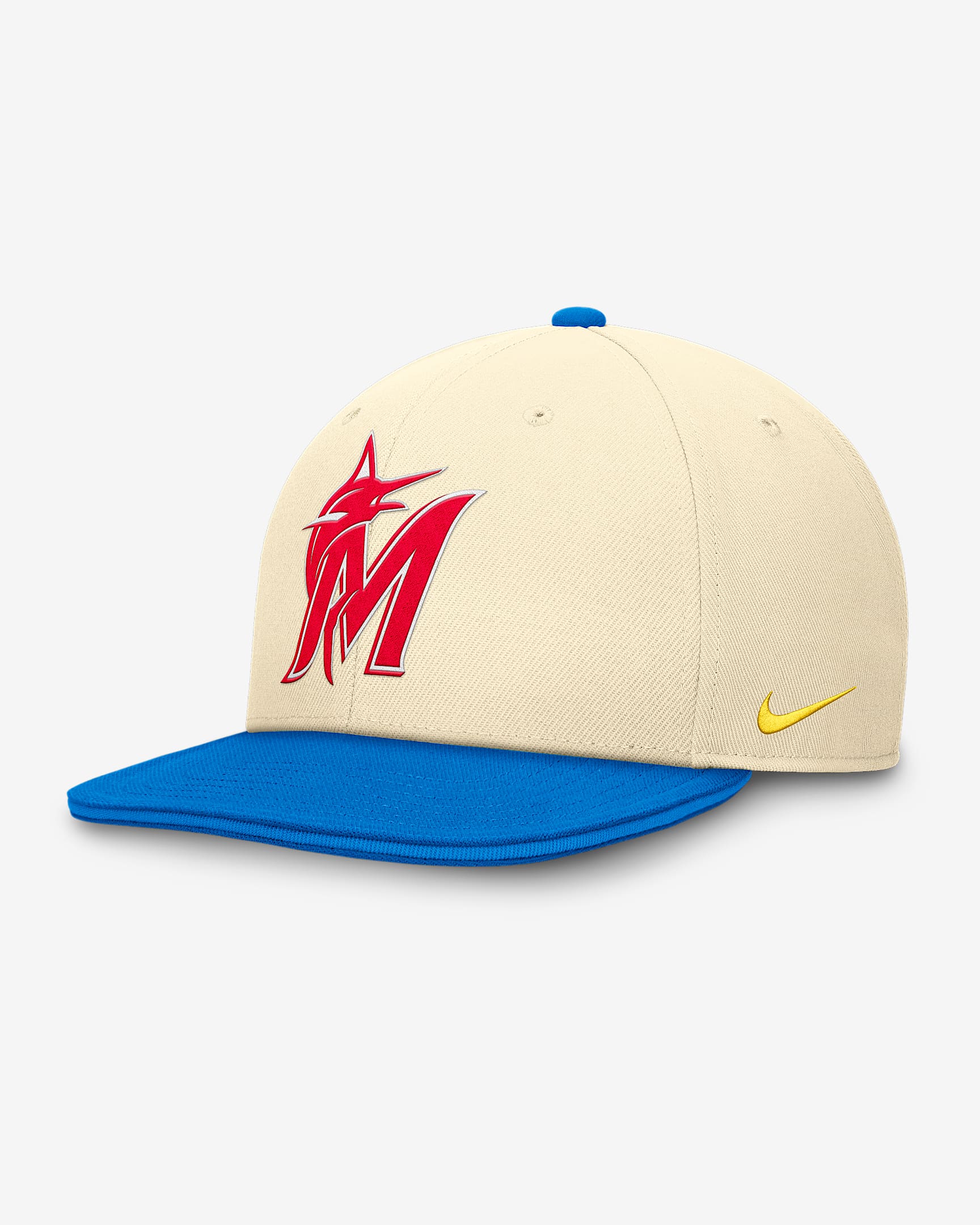 Gorra Nike Dri-FIT de la MLB ajustable para hombre Miami Marlins Photo Pro - Leche de coco/Azul foto