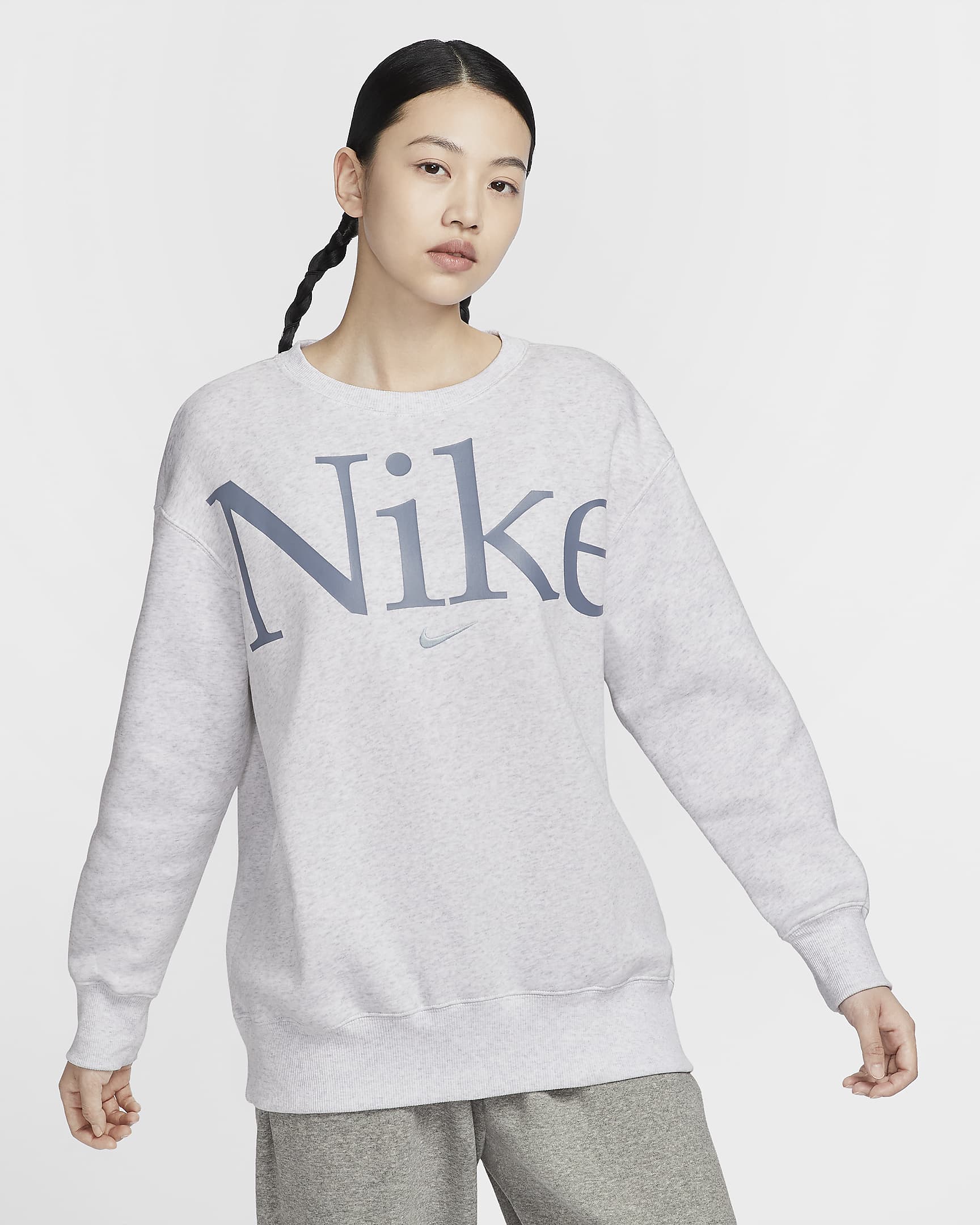 Nike Sportswear Phoenix Fleece Women's Oversized Crew-Neck Logo Sweatshirt - Birch Heather/Ashen Slate/Light Armoury Blue