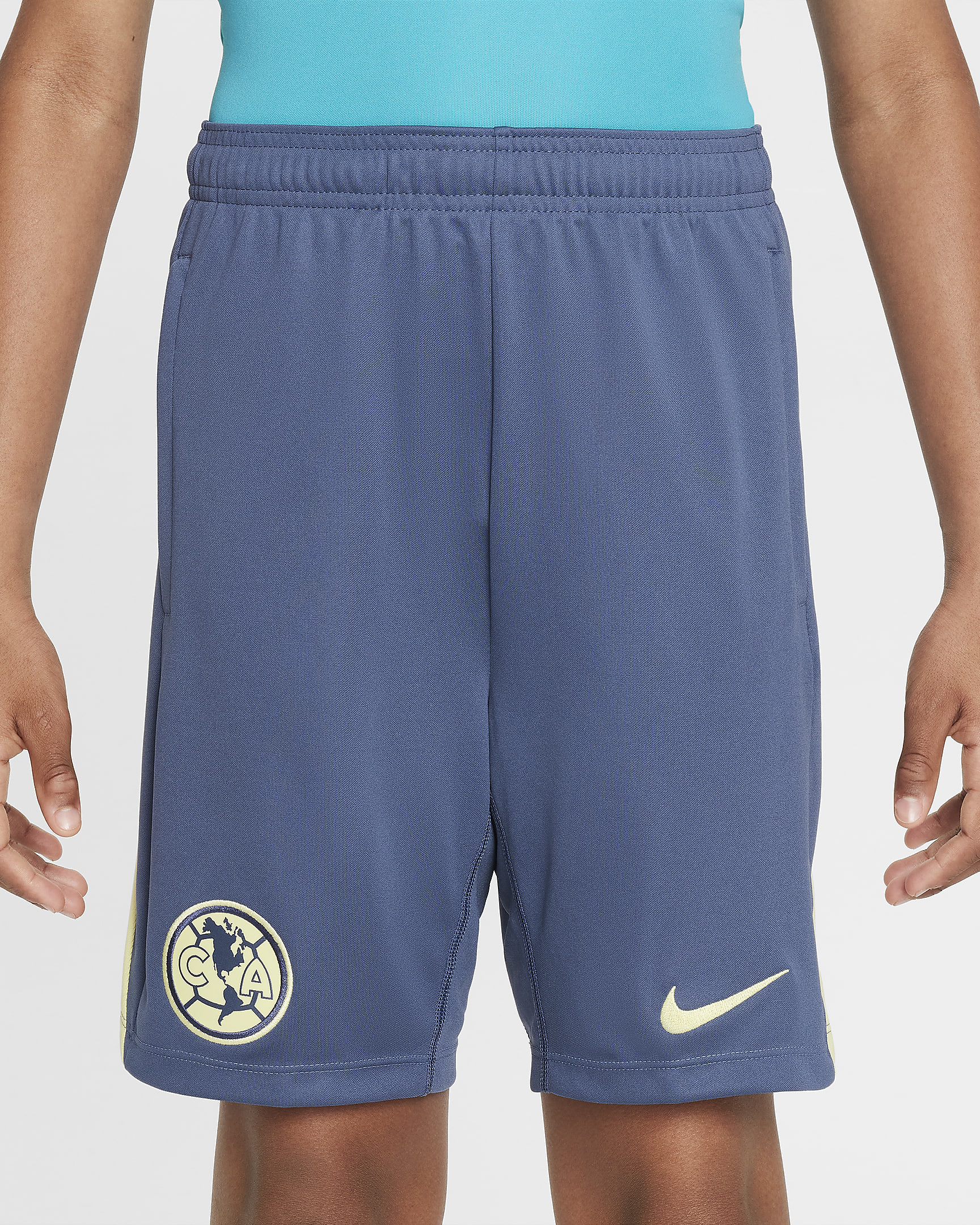 Shorts de fútbol de tejido Knit Nike Dri-FIT para niños talla grande Club América Academy Pro - Azul difuso/Chifón limón/Chifón limón