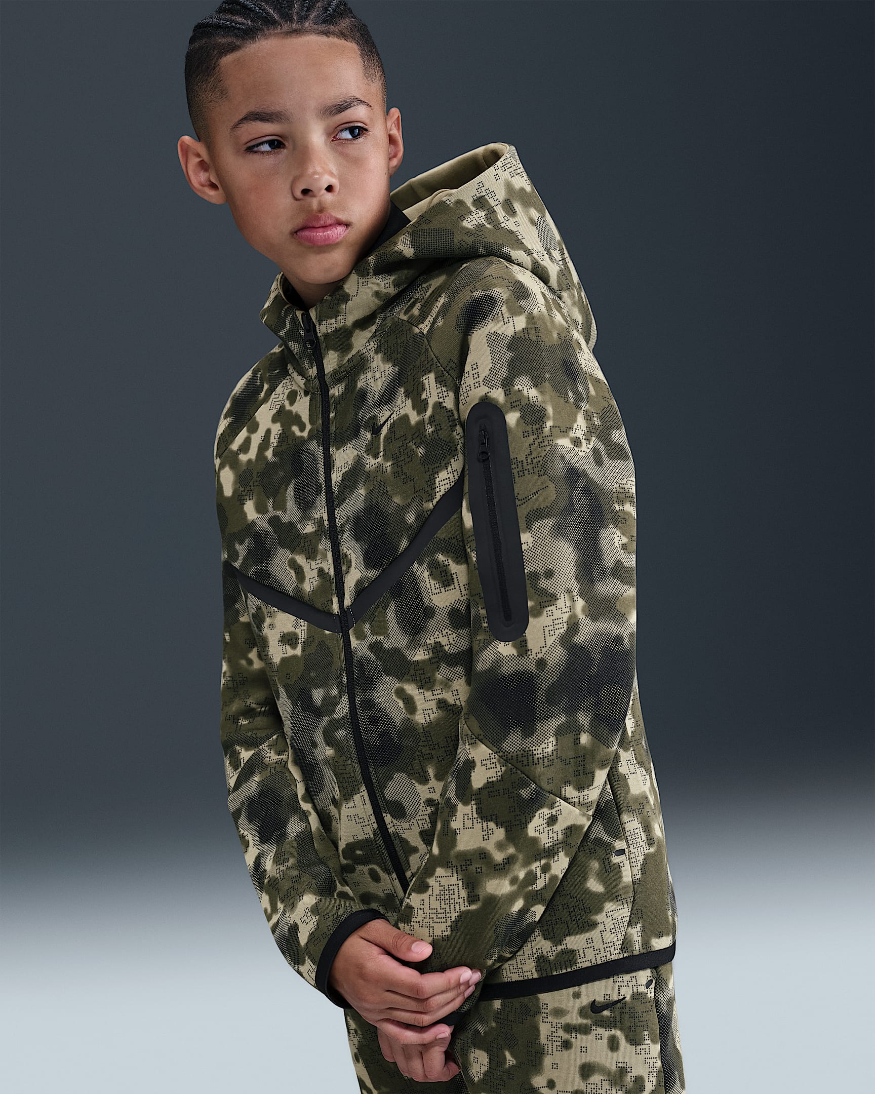 Nike Sportswear Tech Fleece Big Kids' (Boys') Full-Zip Hoodie - Neutral Olive/Neutral Olive/Black/Black