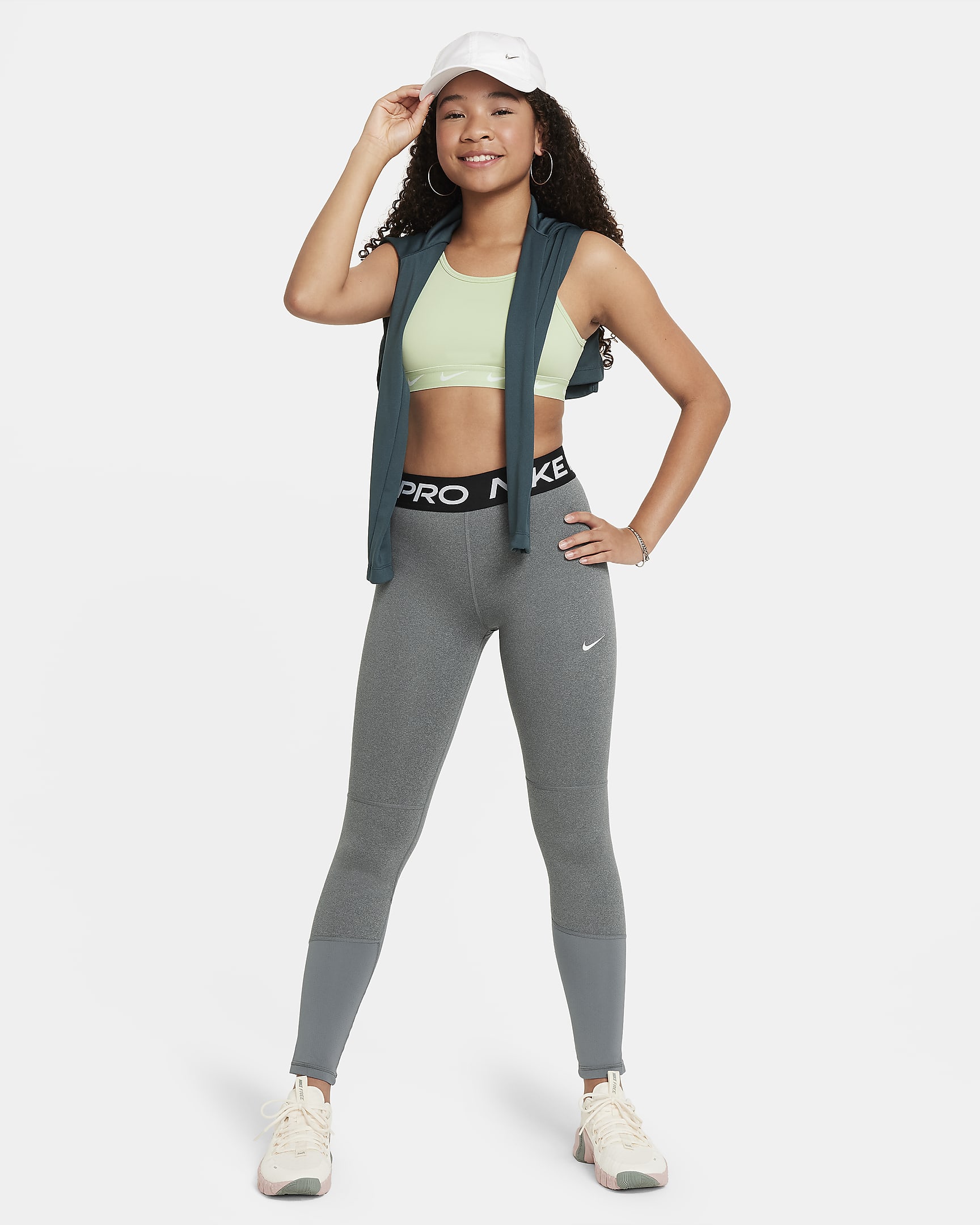 Nike Pro Dri-FIT-leggings til større børn (piger) - Carbon Heather/hvid