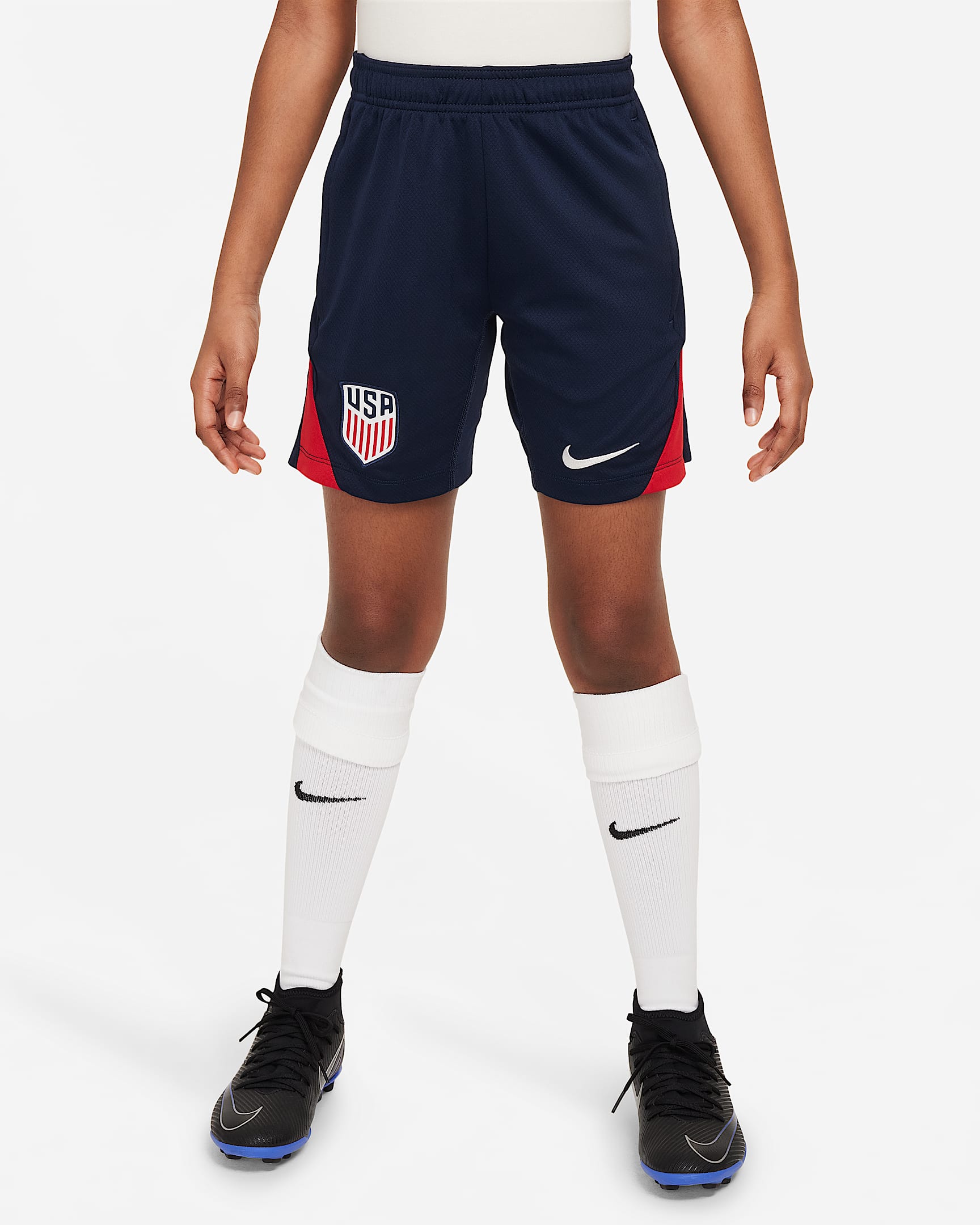 Shorts de futbol de la selección nacional masculina de Estados Unidos Strike de tejido Knit Nike Dri-FIT para niños talla grande - Obsidiana/Rojo deportivo/Blanco
