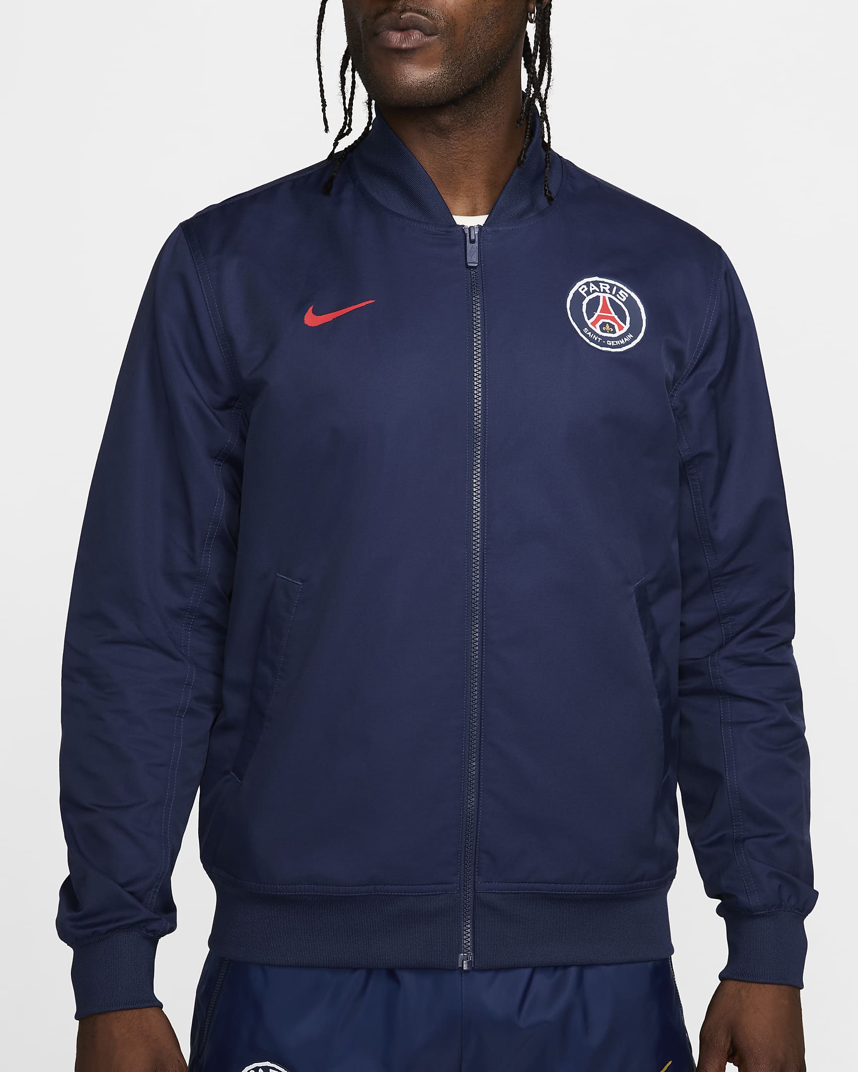 Paris Saint-Germain Sport Essentials Nike ongevoerd geweven voetbalbomberjack voor heren - Midnight Navy/University Red