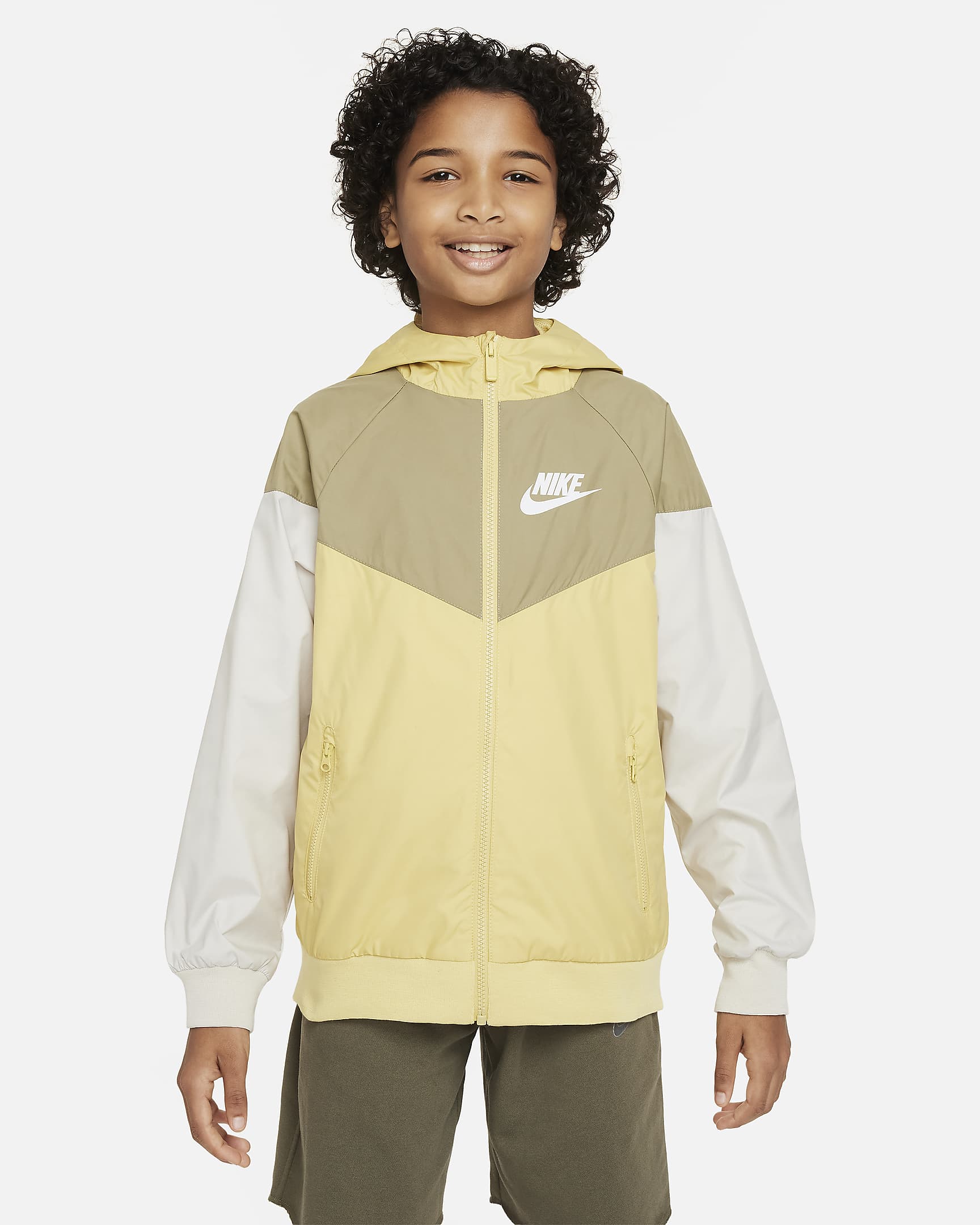 Nike Sportswear Windrunner Big Kids' (Boys') Loose Hip-Length Hooded Jacket - Saturn Gold/Neutral Olive/Light Bone/White