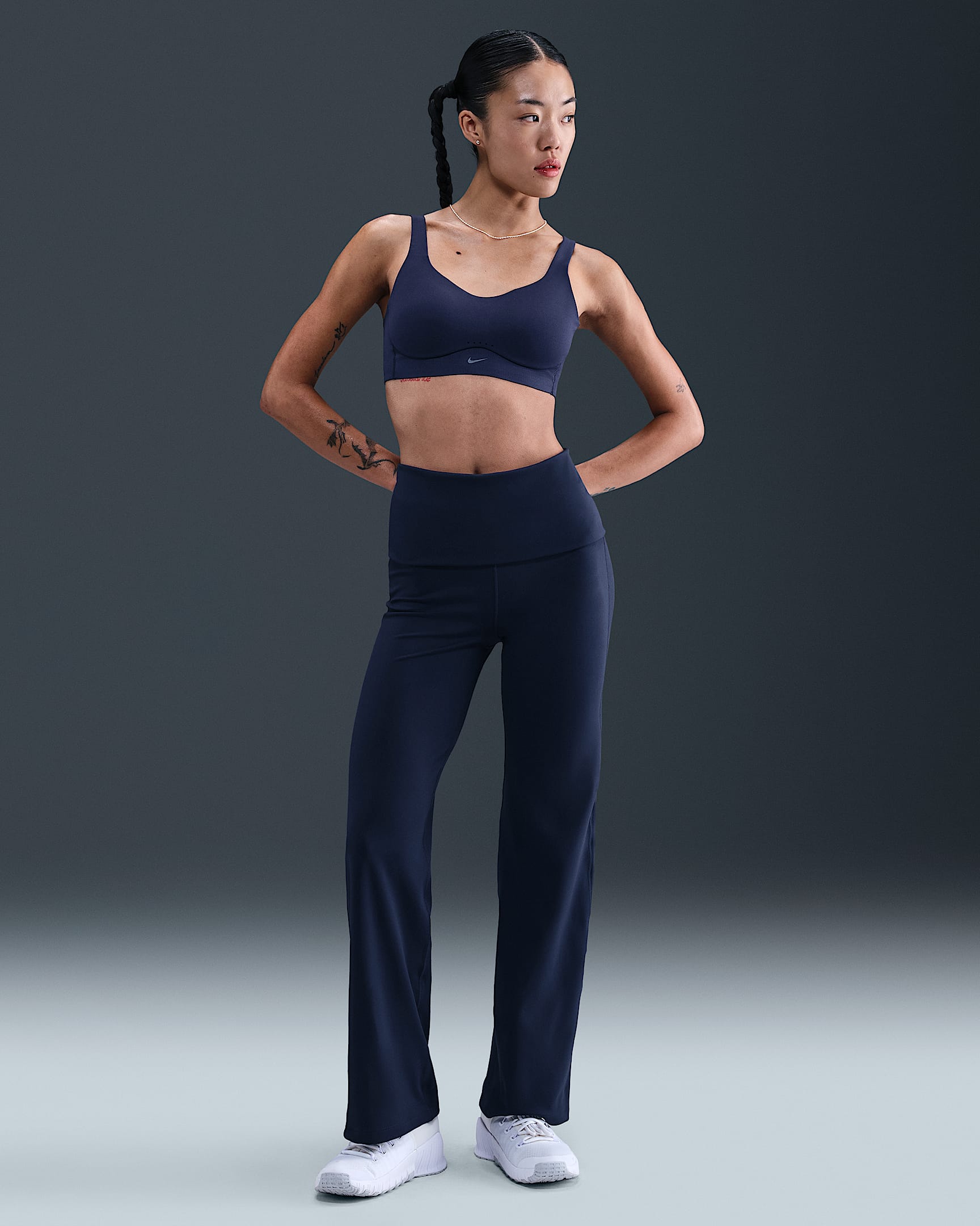 Nike One Women's Dri-FIT High-Waisted Fold-Over Trousers - Midnight Navy/White