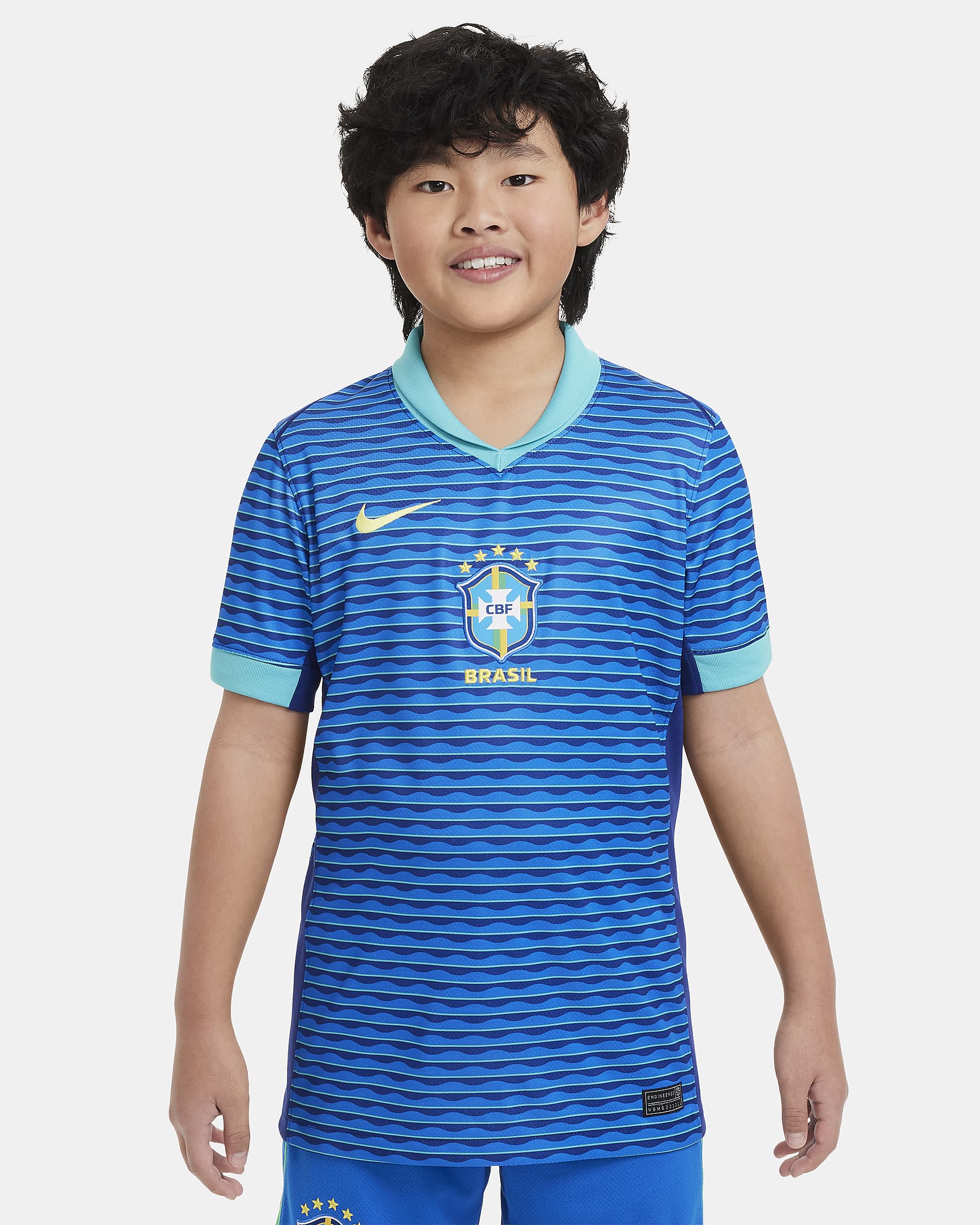 Brasilien 2024 Stadium Away Nike Dri-FIT Replica-fodboldtrøje til større børn - Soar/Light Retro/Dynamic Yellow