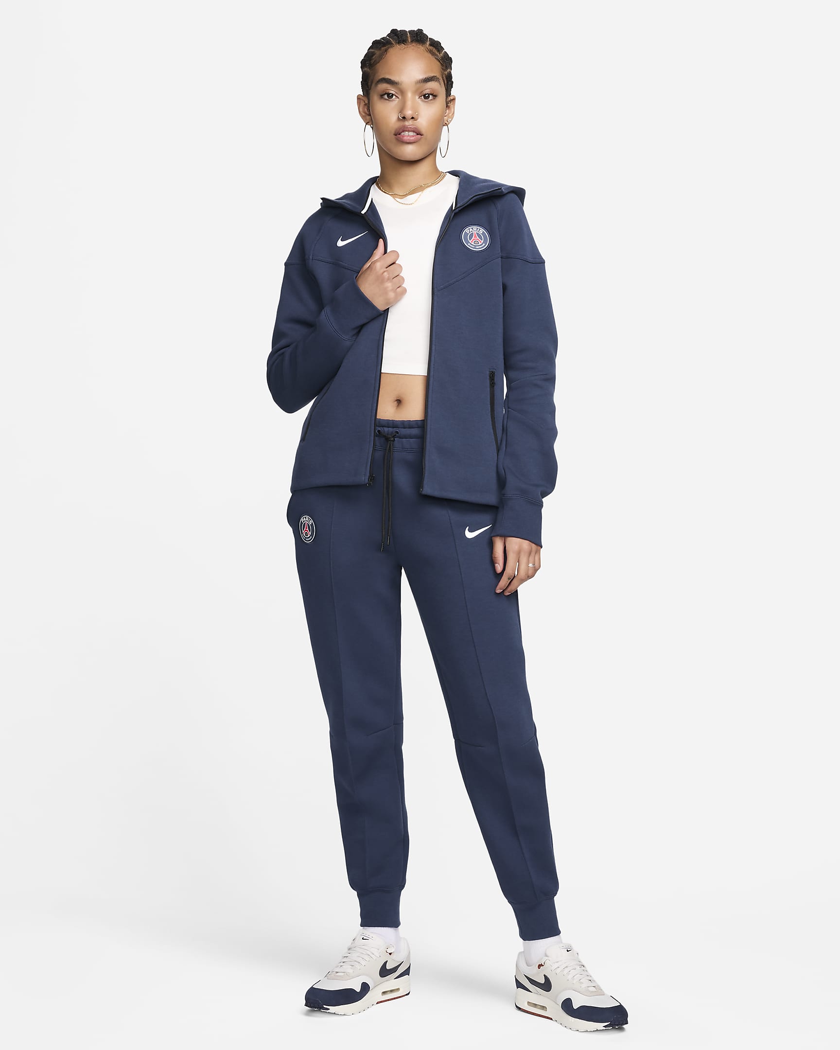 Damska bluza piłkarska z kapturem i zamkiem na całej długości Nike Paris Saint-Germain Tech Fleece Windrunner - Midnight Navy/Biel