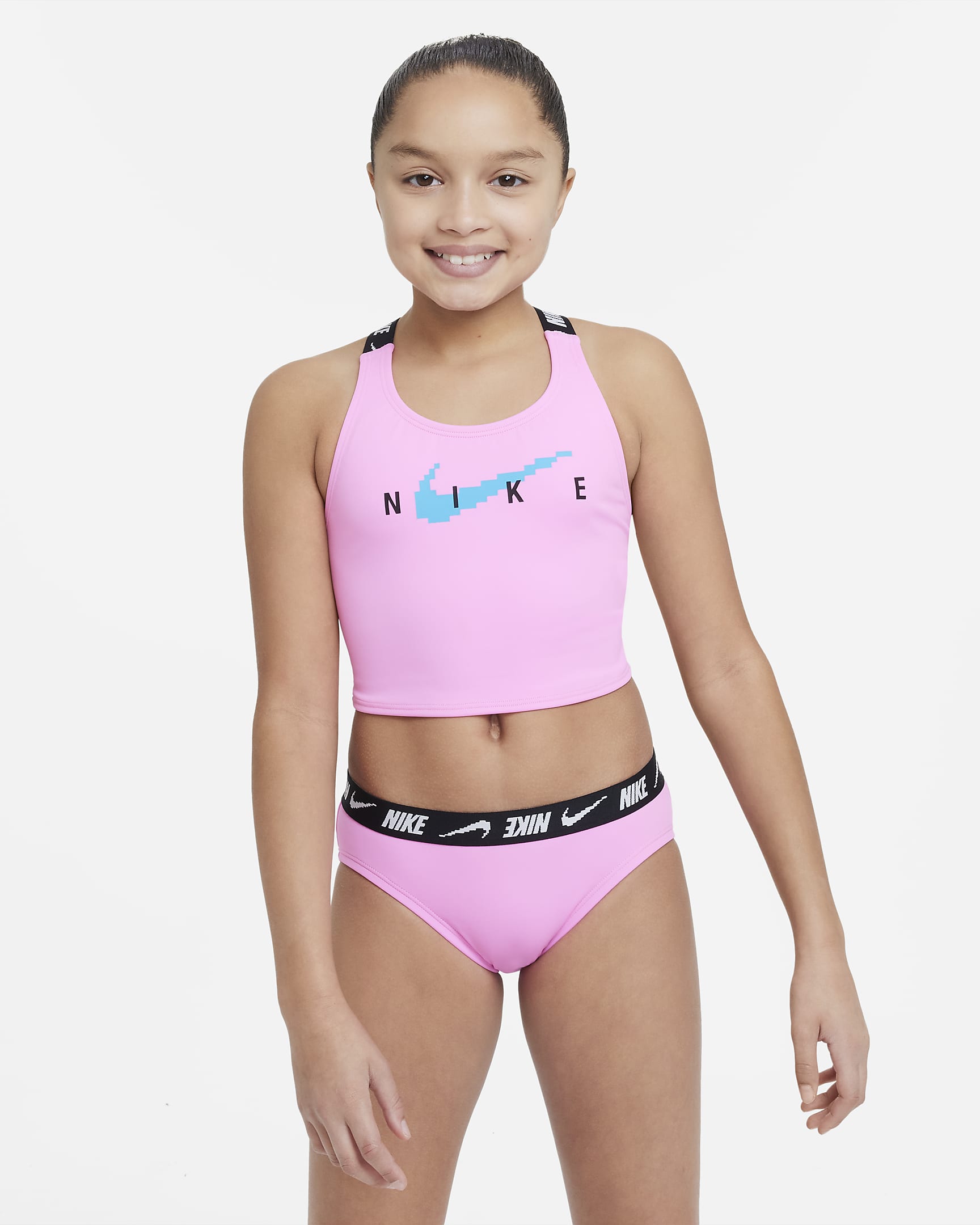 Nike-midkinisvømmesæt med krydsryg til større børn (piger) - Pink Spell/Blue Lightning/sort