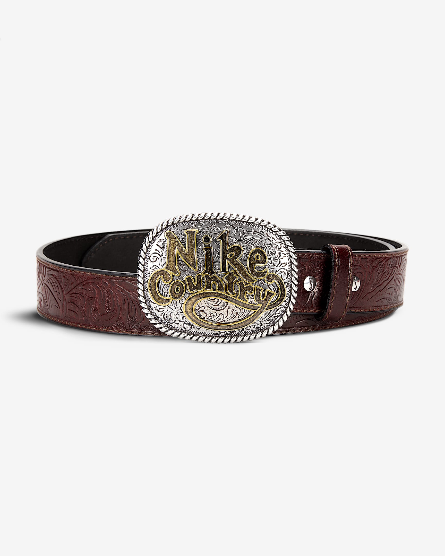 Cinturón de cuero en relieve de hebilla de placa para hombre Nike Country - Marrón