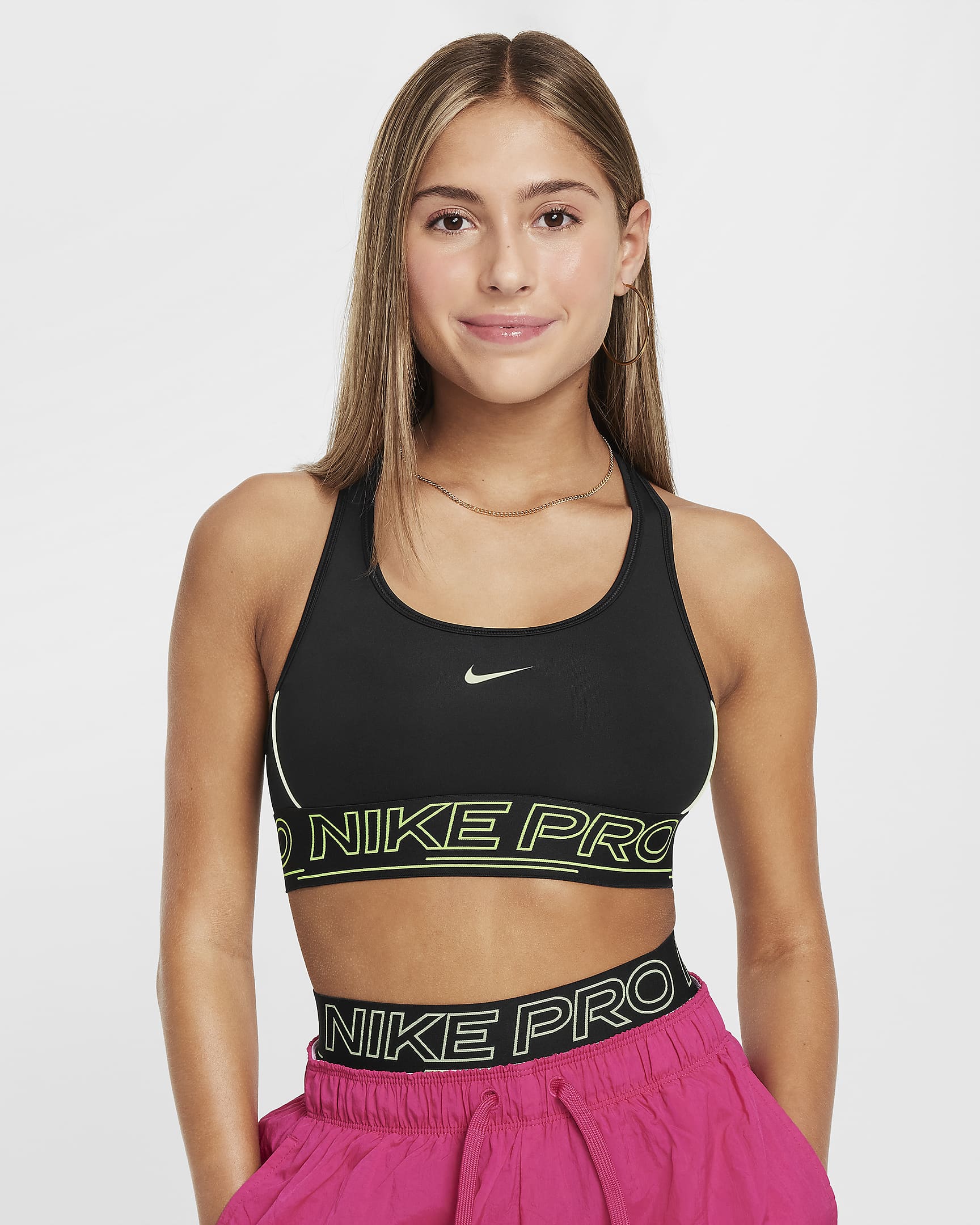 Nike Pro Swoosh sports-BH til jente - Svart/Volt/Volt