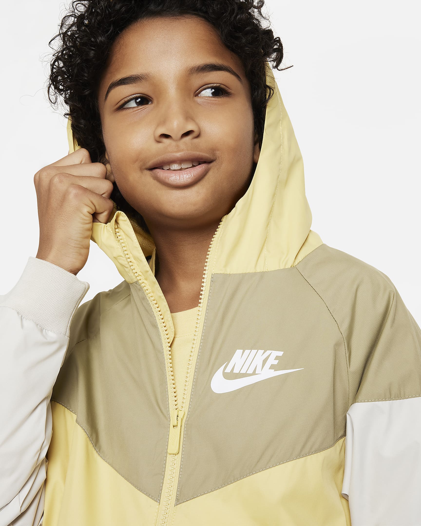 Nike Sportswear Windrunner Big Kids' (Boys') Loose Hip-Length Hooded Jacket - Saturn Gold/Neutral Olive/Light Bone/White