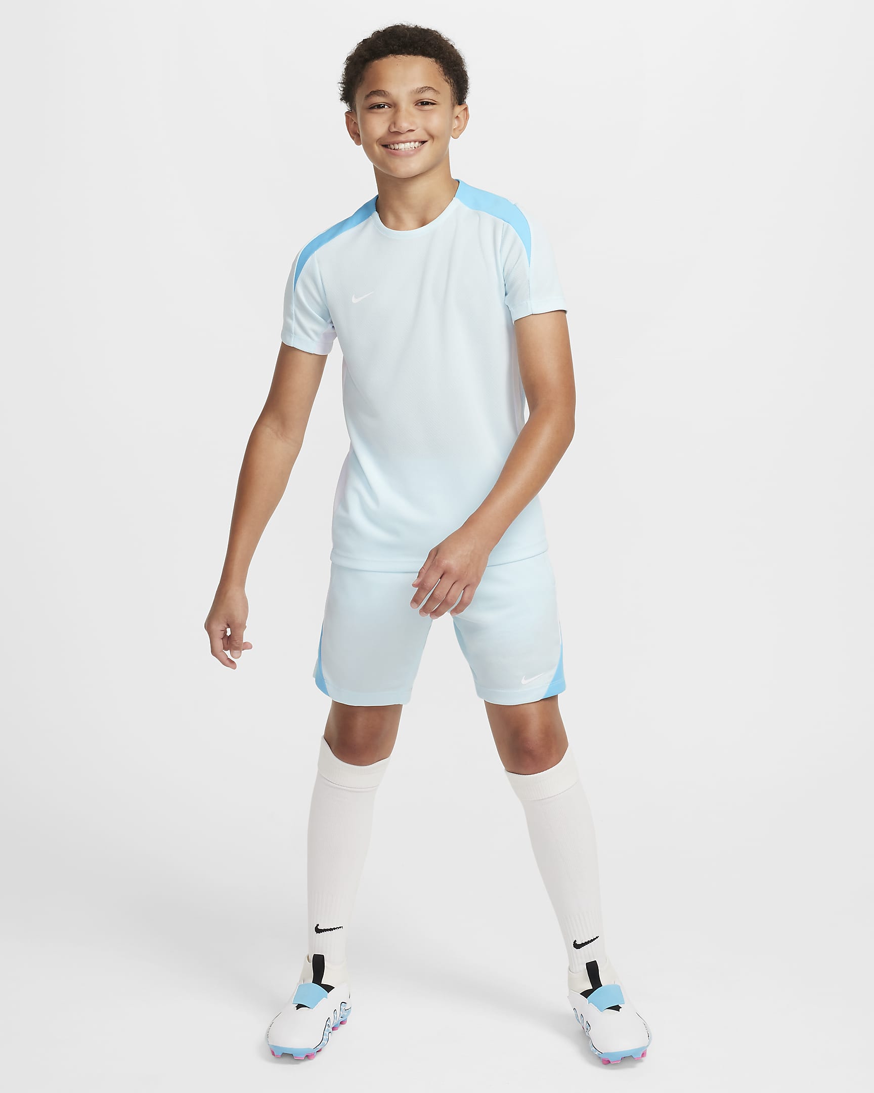 Haut de foot à manches courtes Nike Dri-FIT Strike pour ado - Glacier Blue/Blanc/Baltic Blue/Blanc