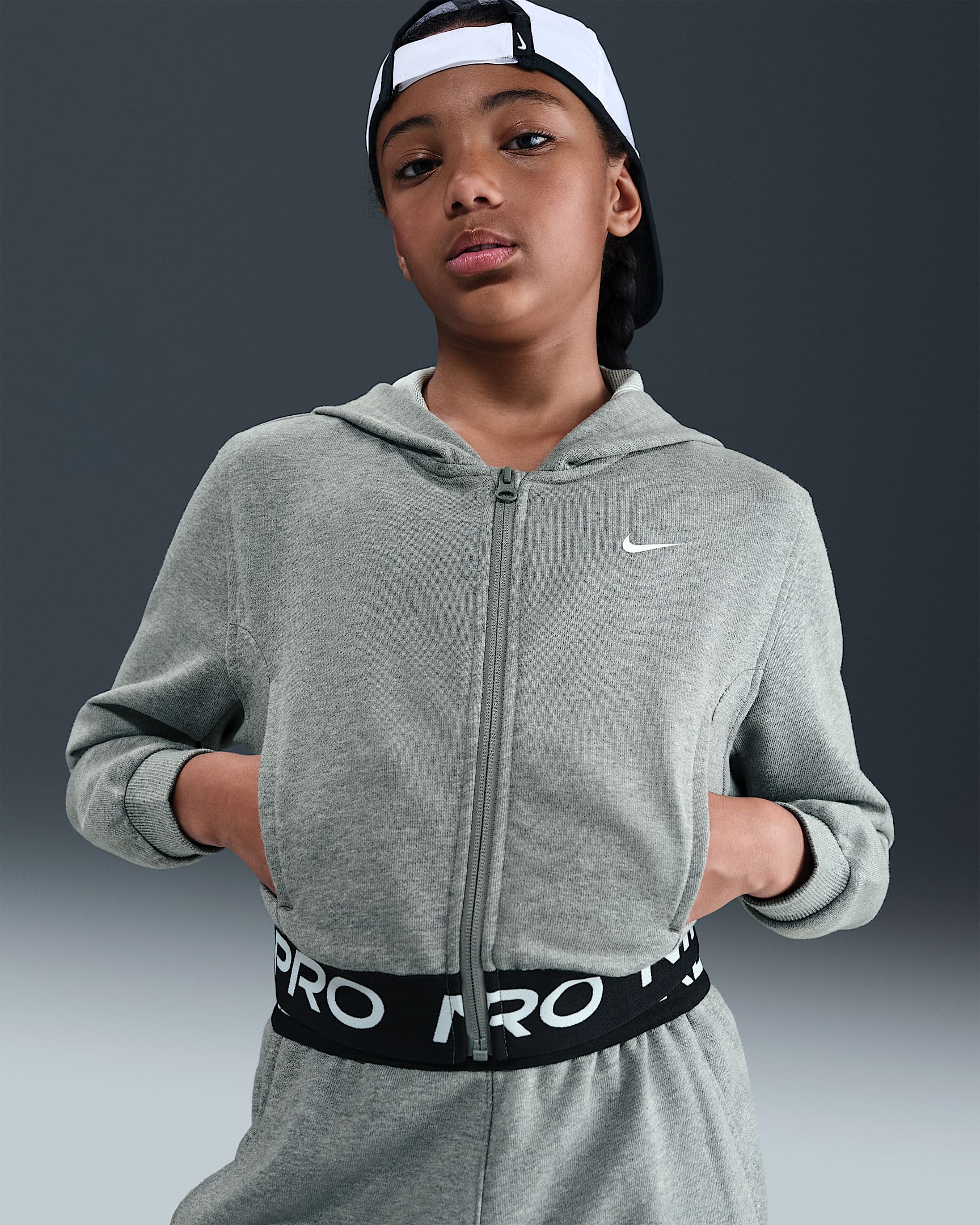Nike Pro Fleece Big Kids' (Girls') Dri-FIT Full-Zip Hoodie - Carbon Heather/Dark Steel Grey/Black/White