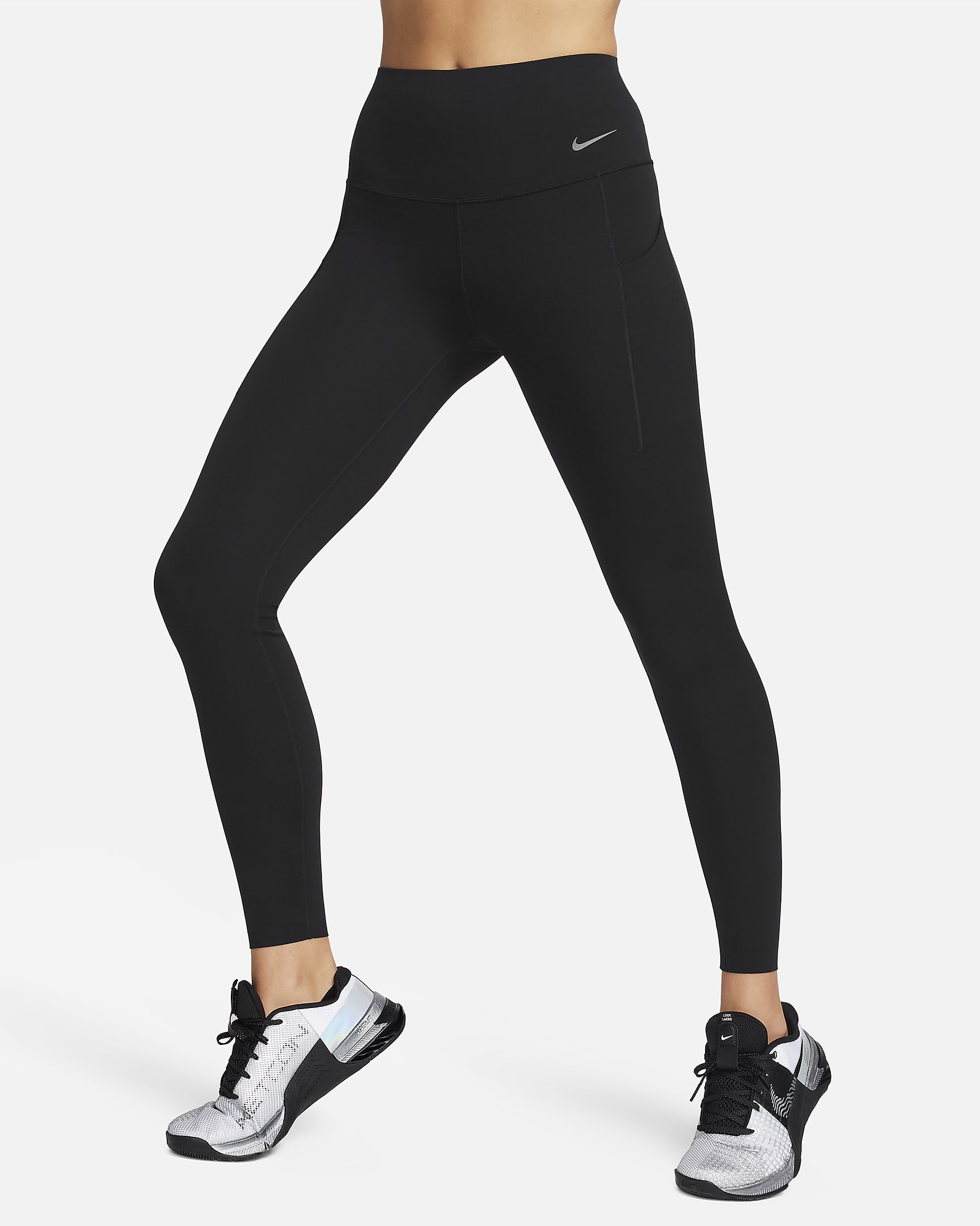 Leggings de largo completo y tiro alto de media sujeción con bolsillos para mujer Nike Universa - Negro/Negro