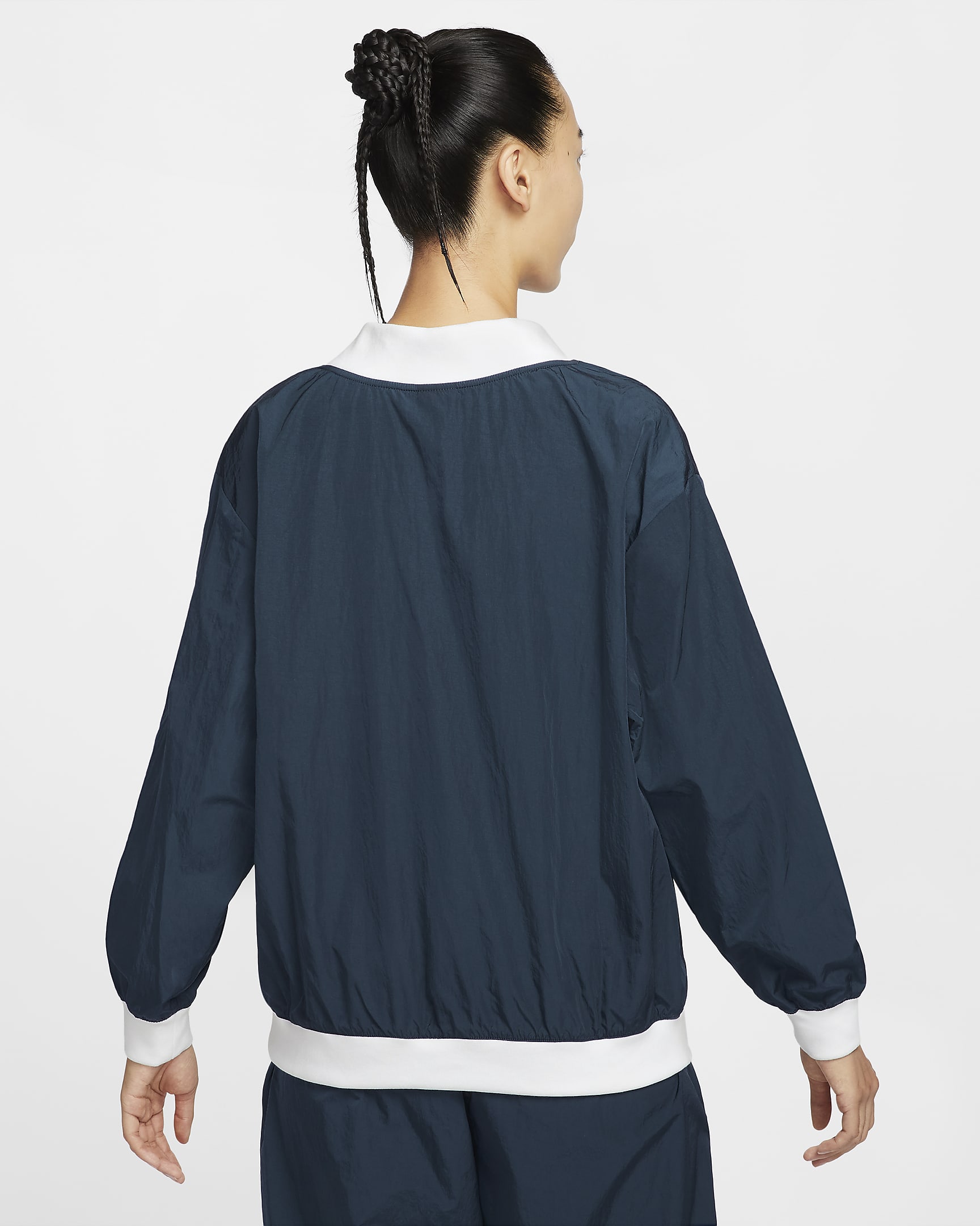 Nike Sportswear Essential Women's Loose UV Woven Long-Sleeve V-Neck Top - Armory Navy/White