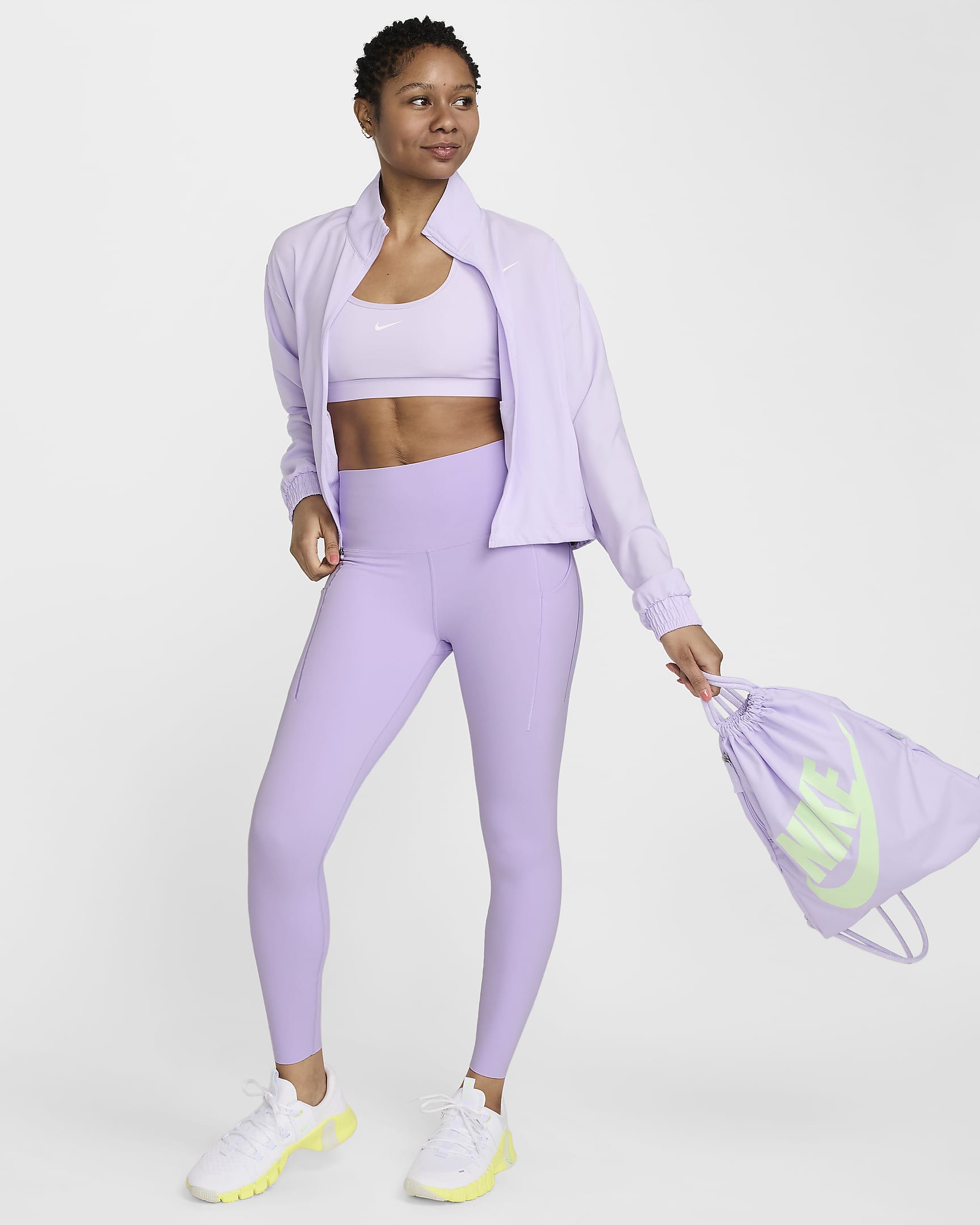 Nike Universa Women's Medium-Support High-Waisted 7/8 Leggings with Pockets - Lilac Bloom/Black