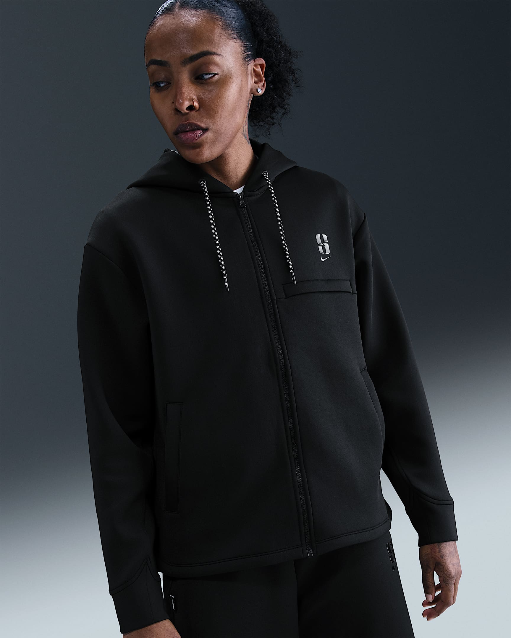 Sabrina Dri-FIT Loose Full-Zip Basketball Hoodie - Black/Black/Black