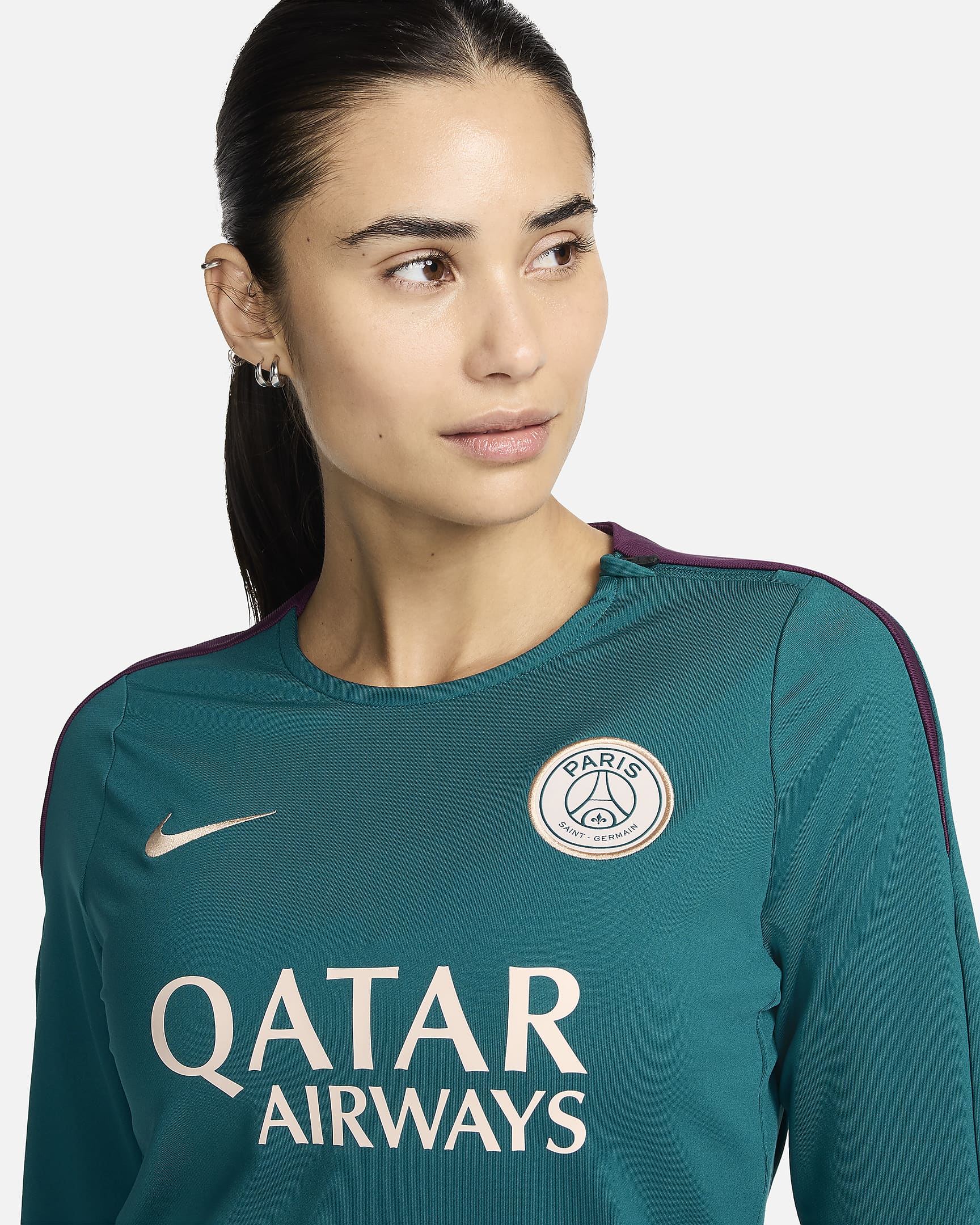 Paris Saint-Germain Strike Nike Dri-FIT-Fußball-Strickoberteil für Damen mit Rundhalsausschnitt - Geode Teal/Geode Teal/Bordeaux/Guava Ice