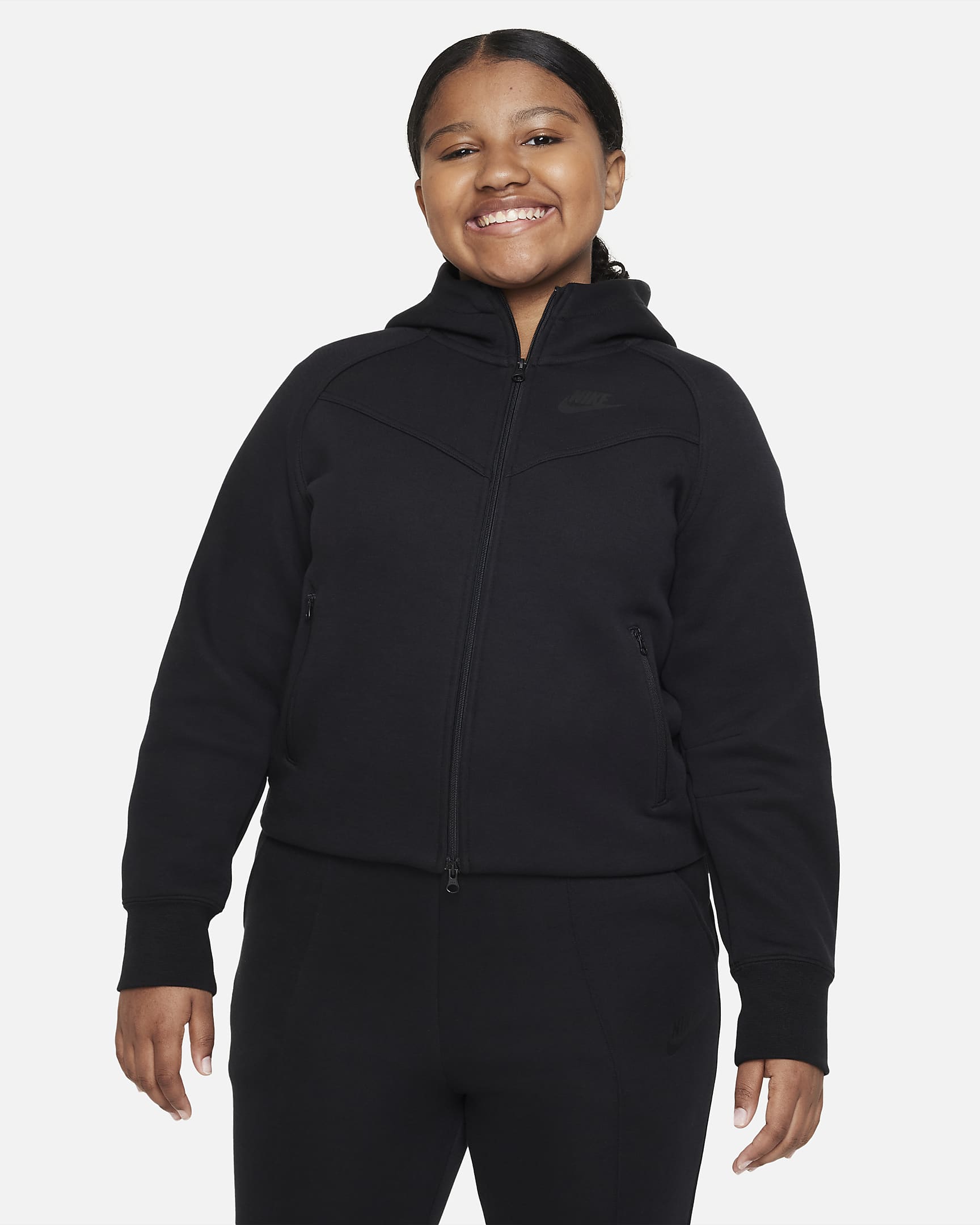 Mikina Nike Sportswear Tech Fleece s kapucí pro větší děti (dívky) a zipem po celé délce (rozšířená velikost) - Černá/Černá/Černá