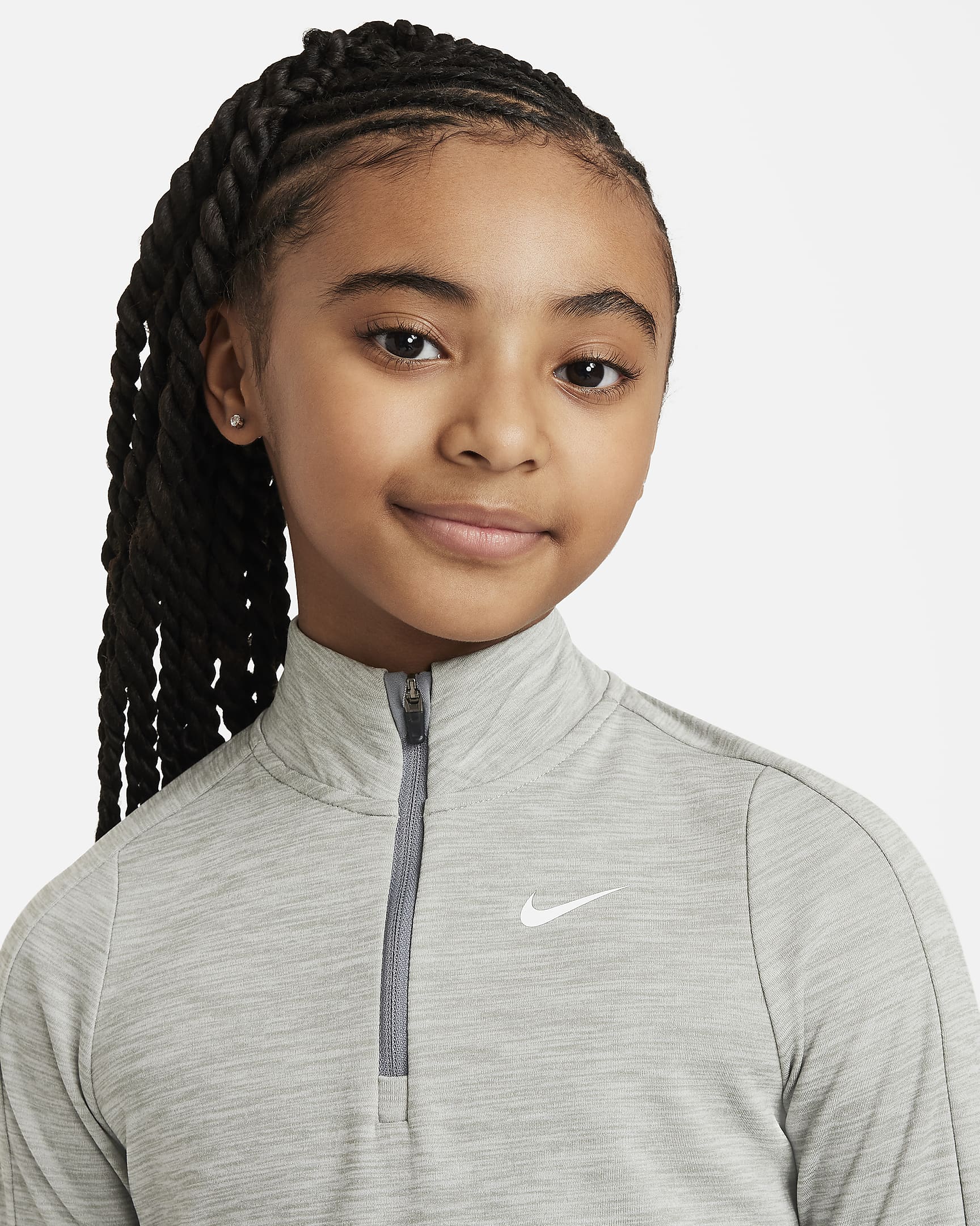 Haut à manches longues et demi-zip Nike Dri-FIT pour ado (fille) - Dark Grey Heather/Blanc