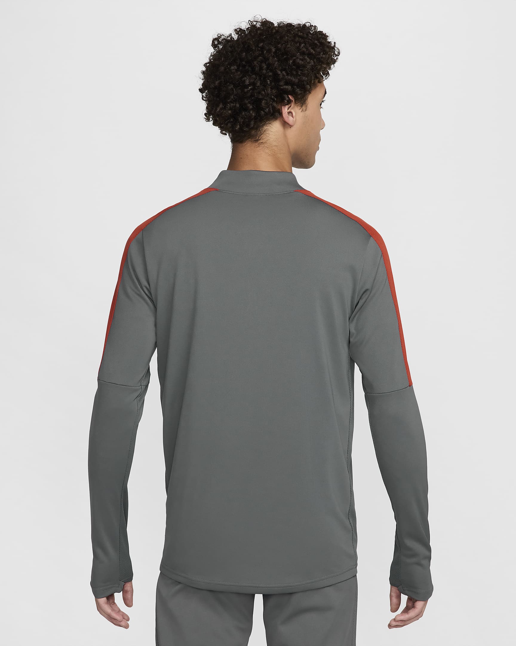 Playera de fútbol de medio cierre Dri-FIT para hombre Nike Academy - Gris hierro/Rojo dragón/Rojo dragón