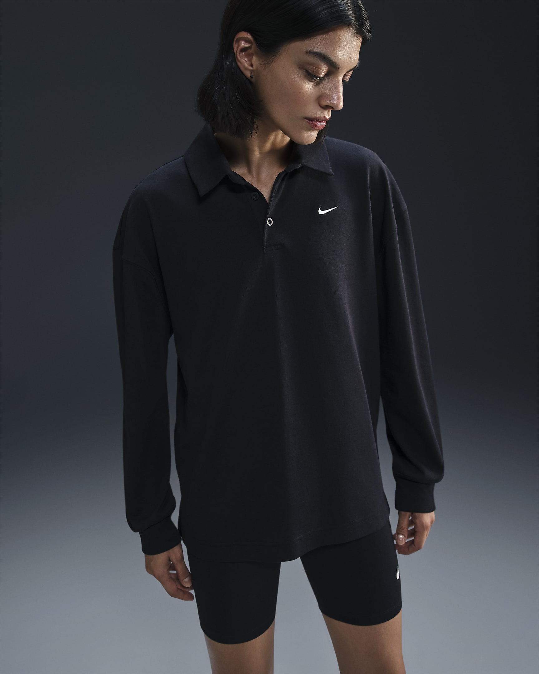 Nike Sportswear Essential Women's Oversized Long-Sleeve Polo - Black/Sail