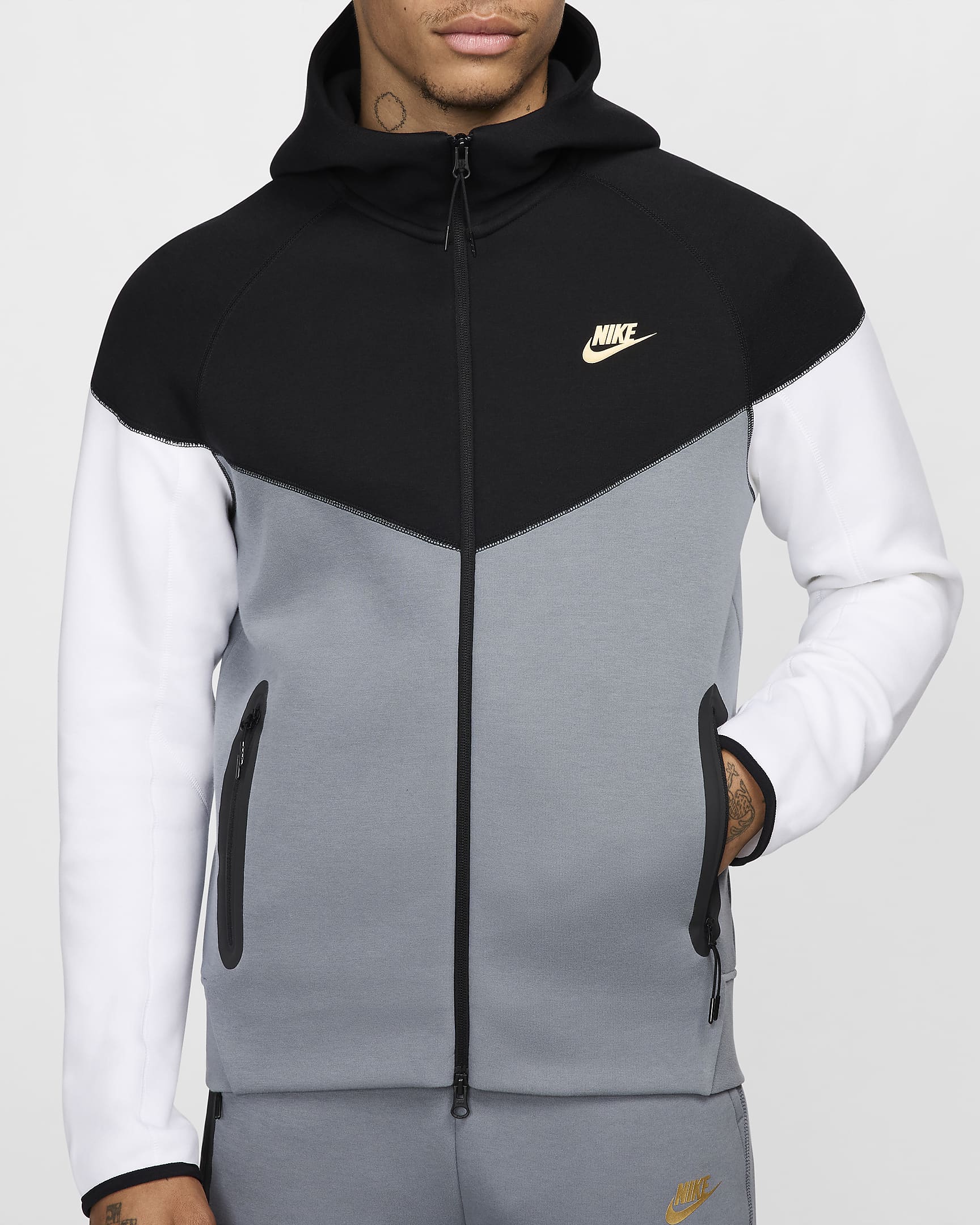 Nike Sportswear Tech Fleece Windrunner Tam Boy Fermuarlı Erkek Kapüşonlu Üst - Siyah/Cool Grey/Beyaz/Metallic Gold