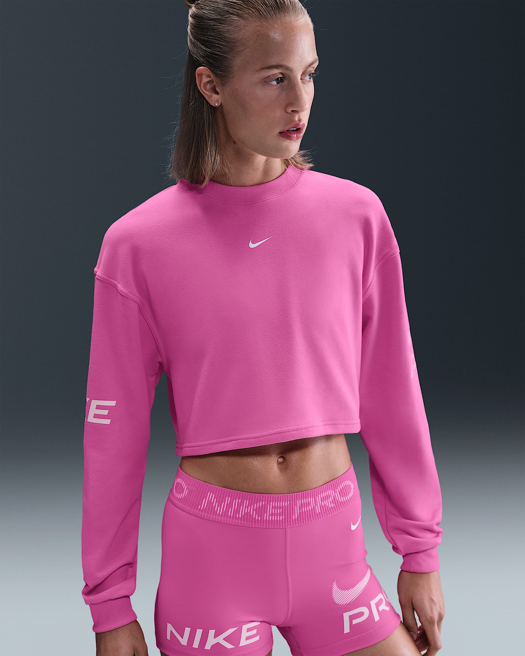 Nike Pro Women's Dri-FIT Loose Crew-Neck French Terry Sweatshirt - Playful Pink/Pink Foam/White