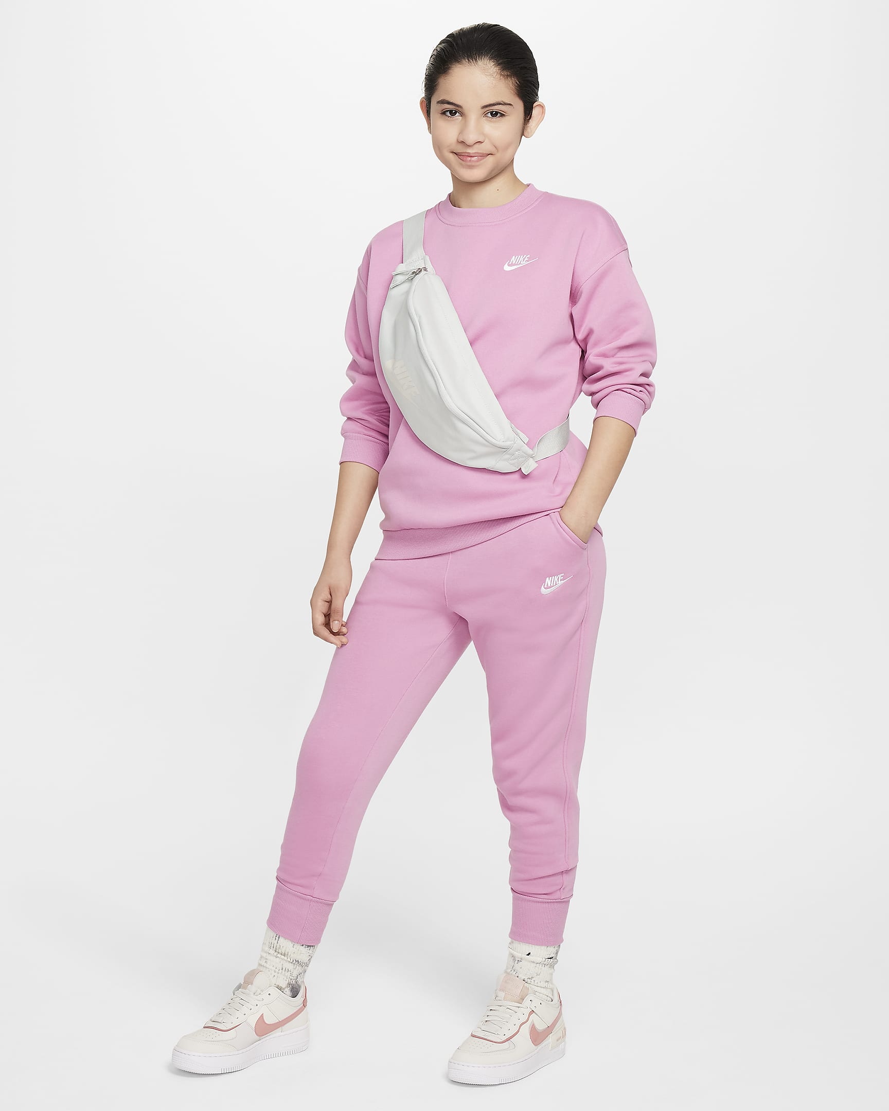 Pantaloni aderenti a vita alta Nike Sportswear Club Fleece – Ragazza - Magic Flamingo/Magic Flamingo/Bianco