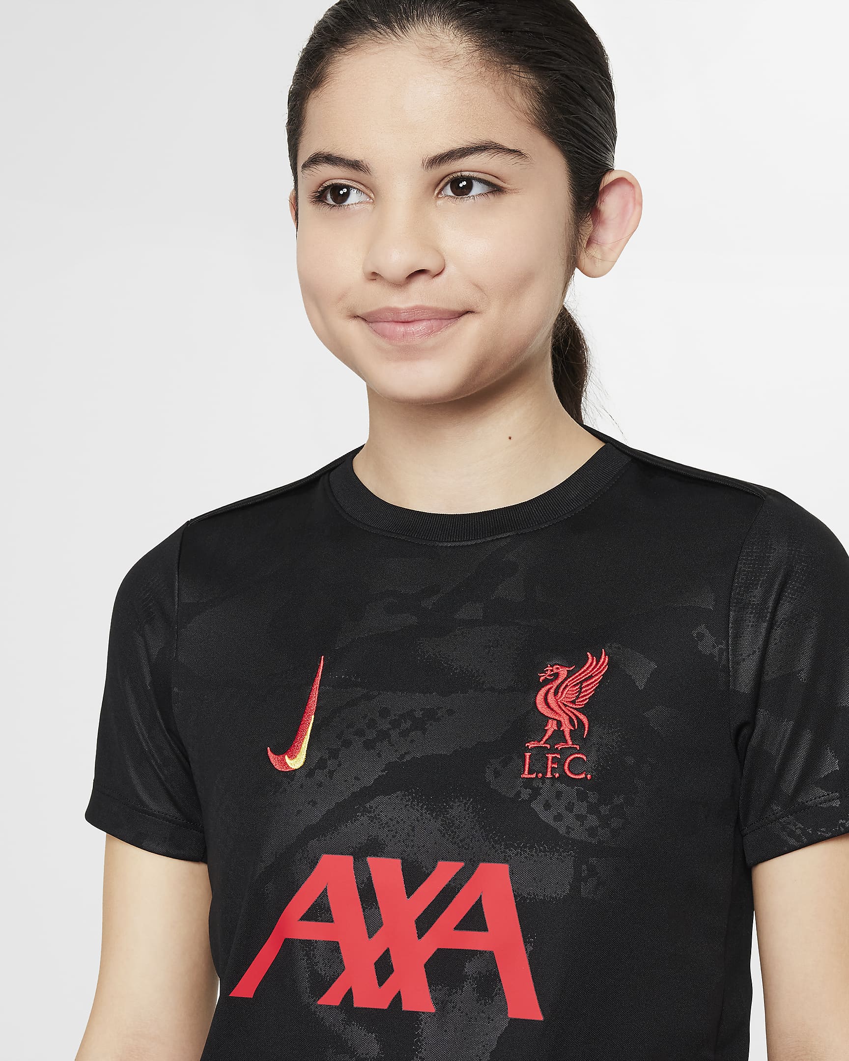 Przedmeczowa koszulka piłkarska dla dużych dzieci Nike Dri-FIT Liverpool F.C. Academy Pro (wersja trzecia) - Czerń/Chrome Yellow/Global Red