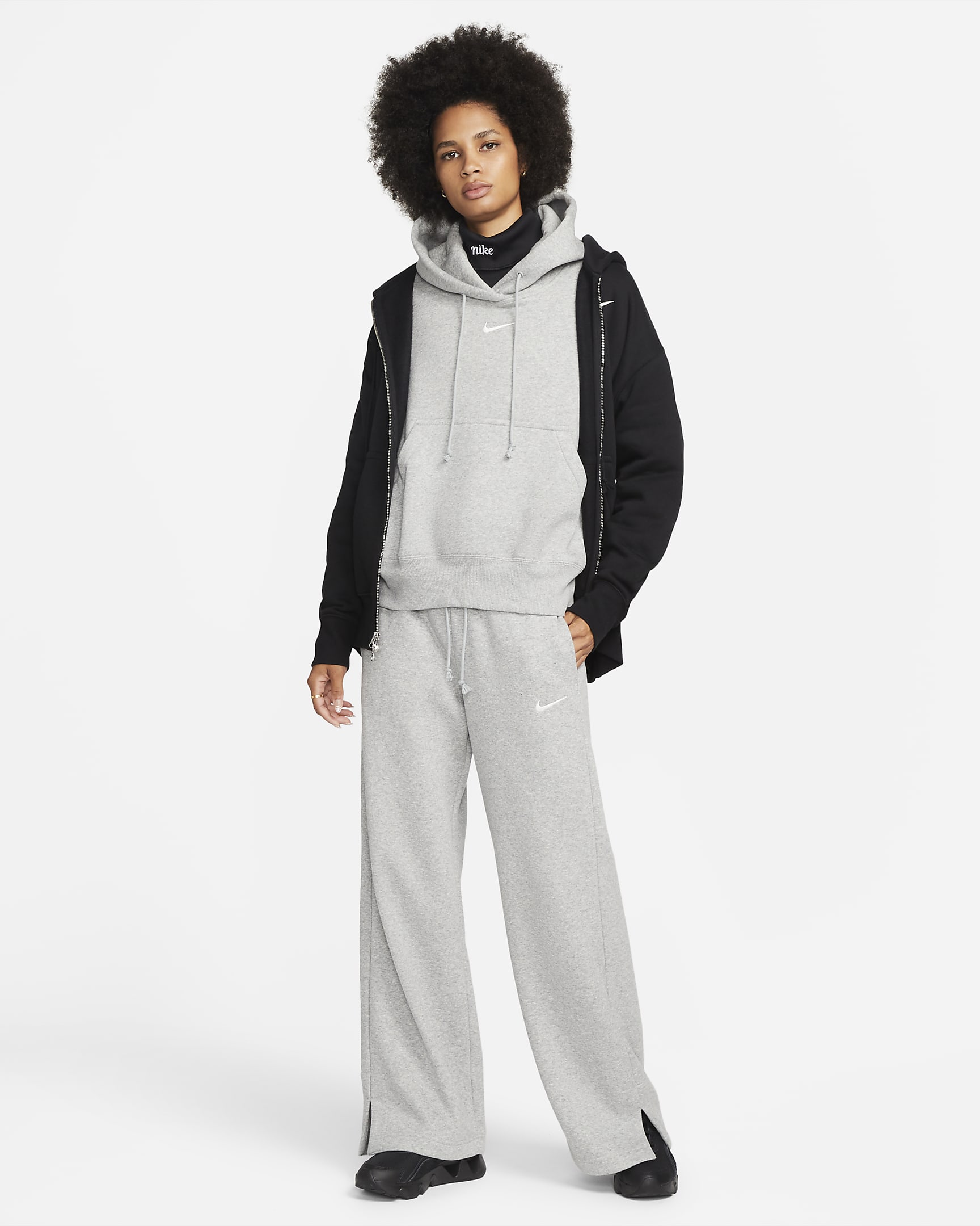 Nike Sportswear Phoenix Fleece Damen-Trainingshose mit hohem Taillenbund und weitem Bein - Dark Grey Heather/Sail