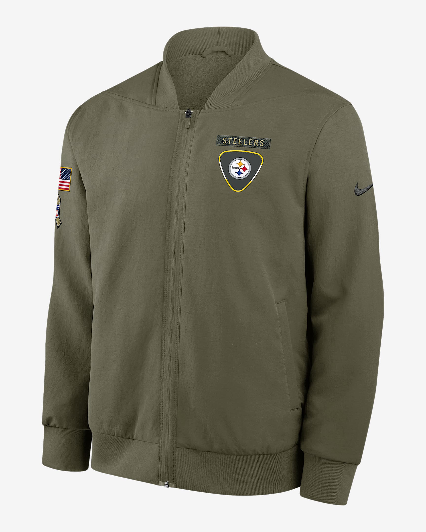Pittsburgh Steelers Salute to Service Sideline Men's Nike NFL Full-Zip Bomber Jacket - Olive