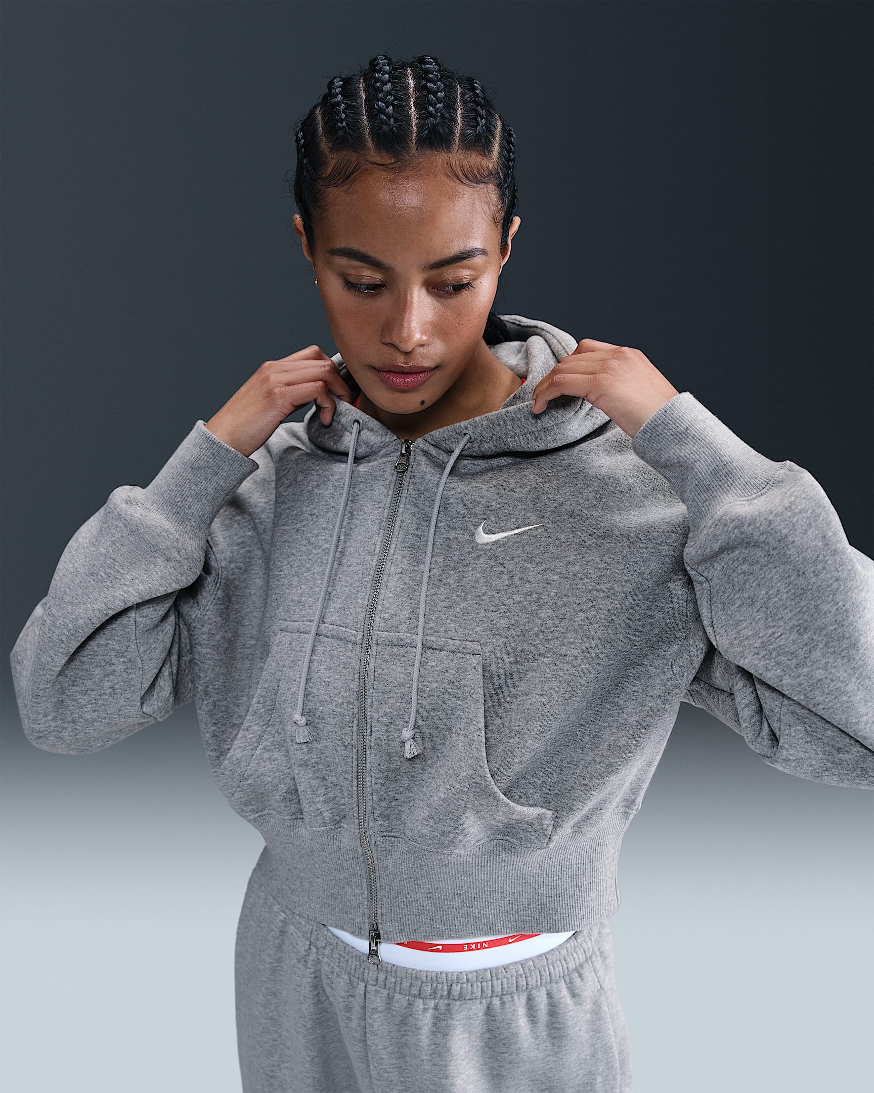 Nike Sportswear Phoenix Fleece Women's Loose Full-Zip Cropped Hoodie - Dark Grey Heather/Sail