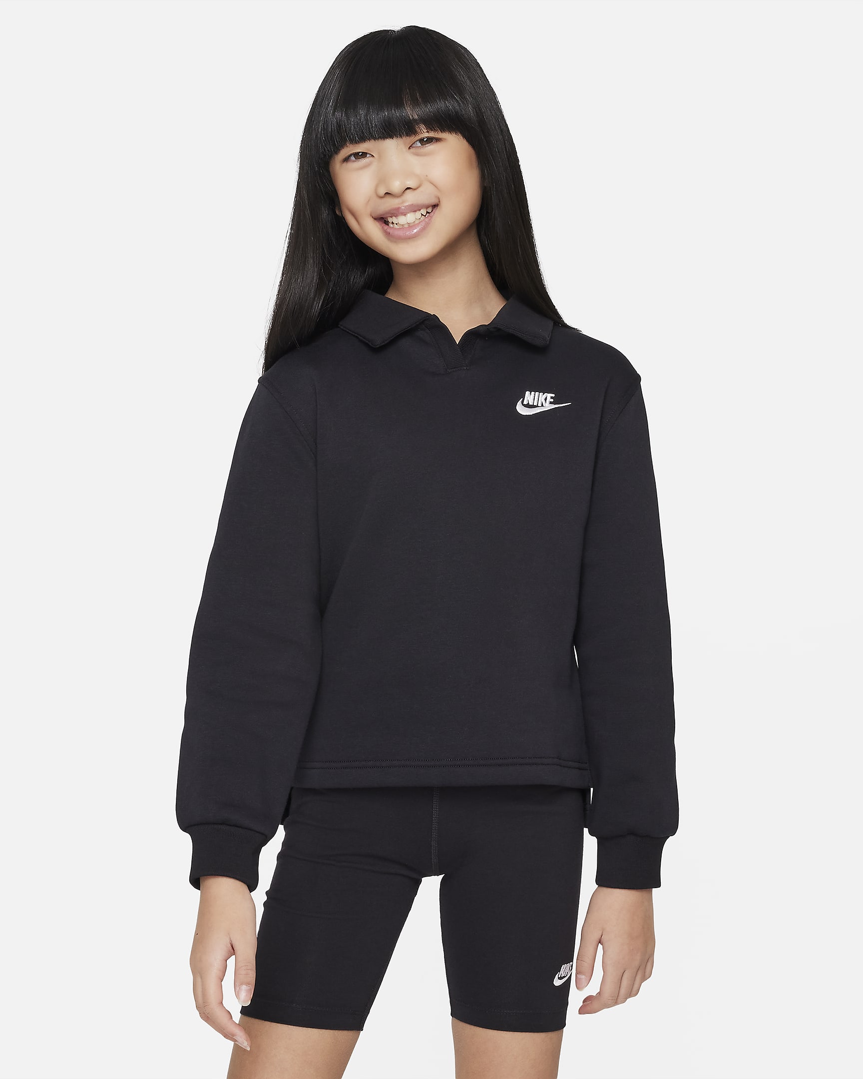 Playera tipo polo para niñas talla grande Nike Sportswear Club Fleece - Negro/Negro/Blanco