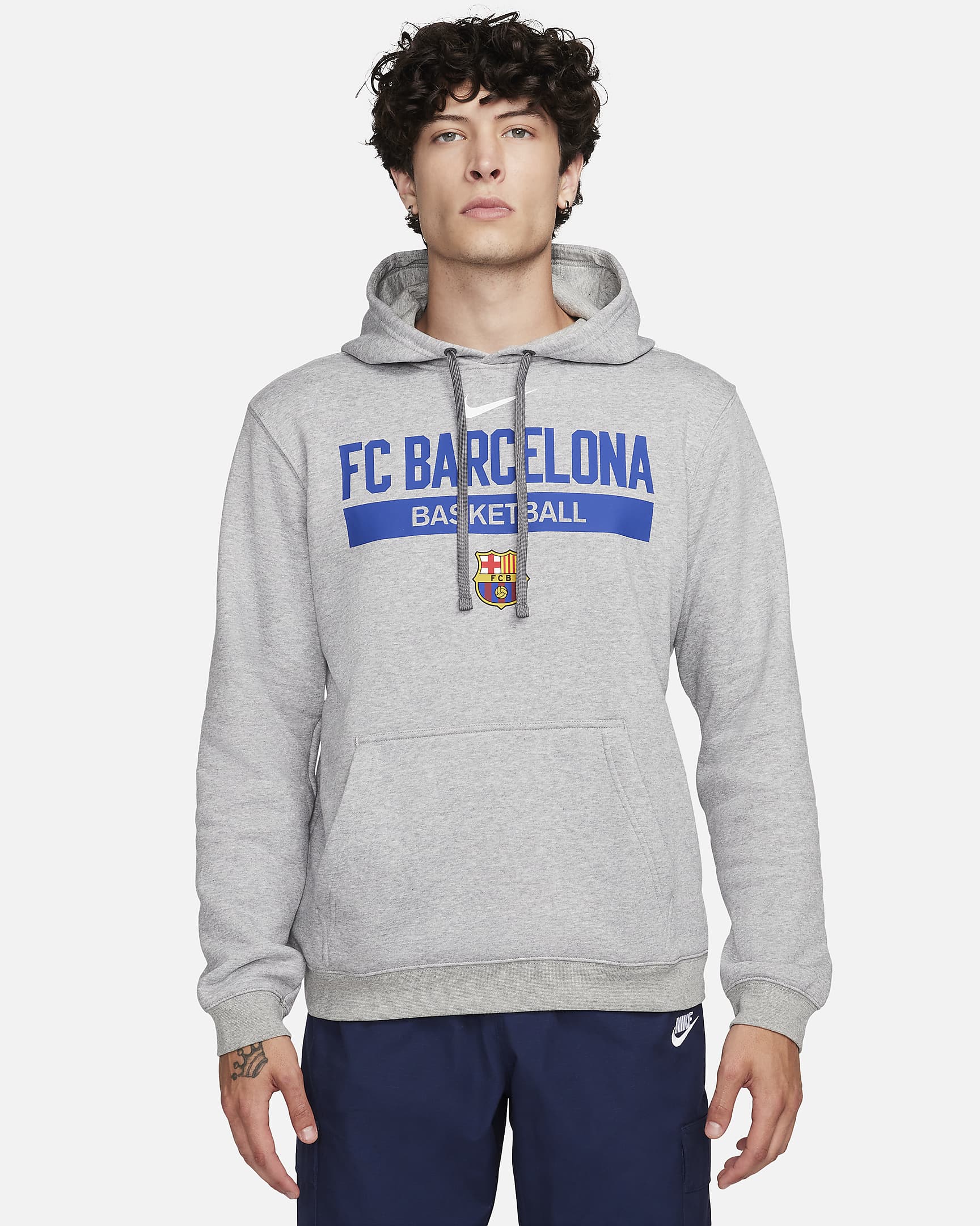 F.C. Barcelona Club Fleece Men's Nike Basketball Pullover Hoodie - Dark Grey Heather/White