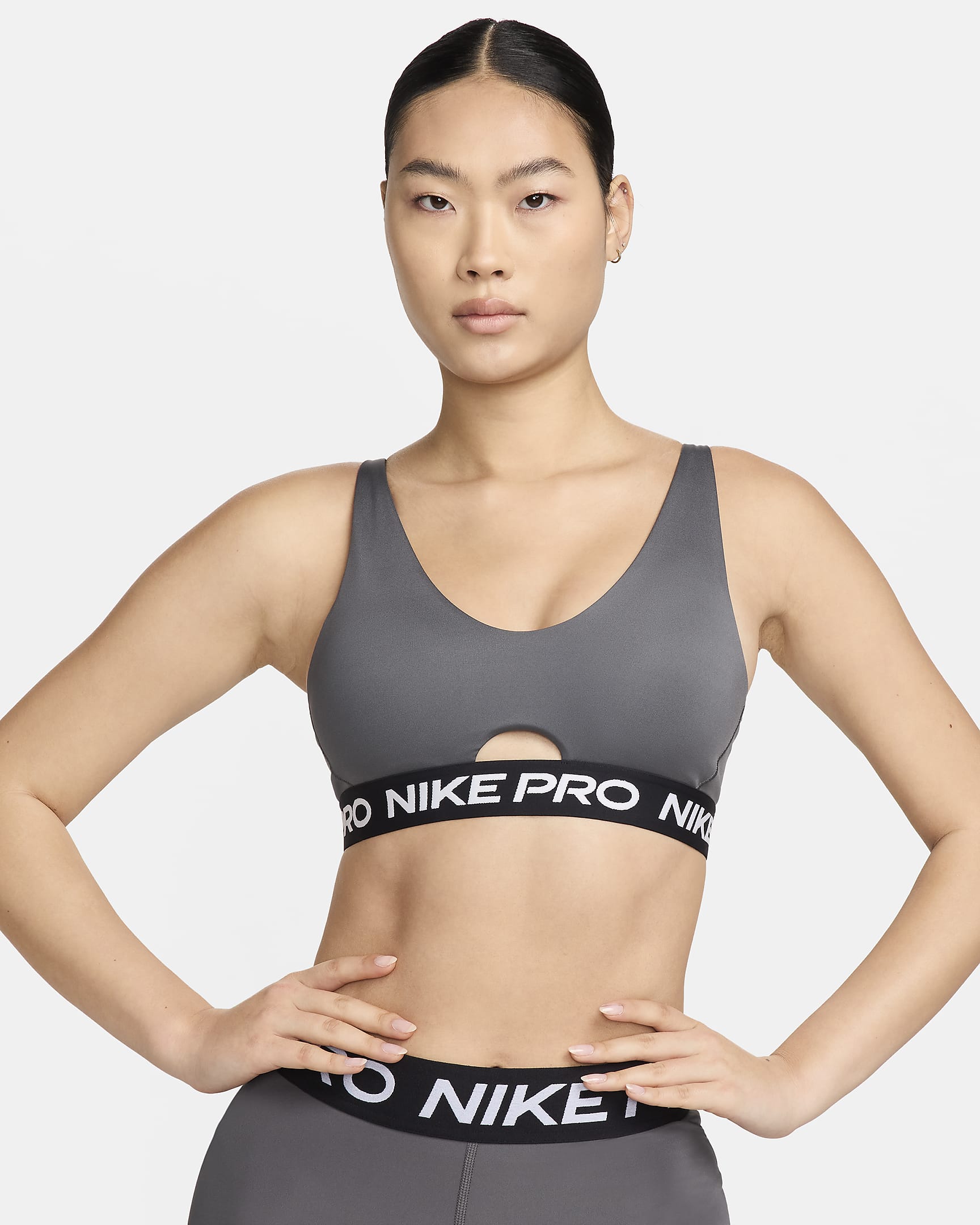 Sutiã de desporto almofadado de suporte médio Nike Pro Indy Plunge para mulher - Cinzento Iron/Branco