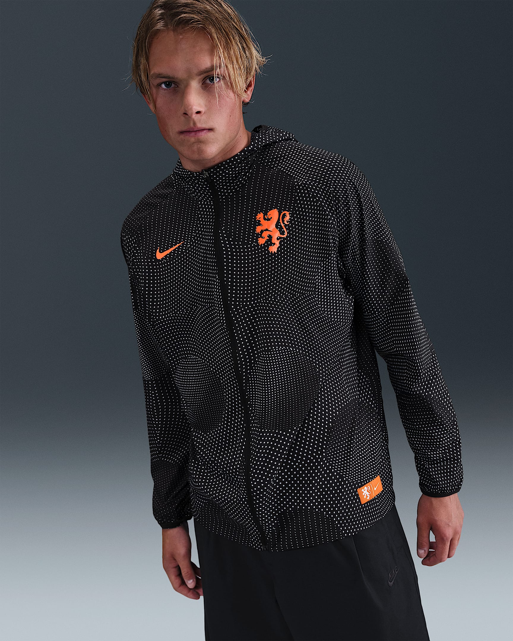 Netherlands Aireez Men's Nike Football Printed Jacket - Black/Safety Orange