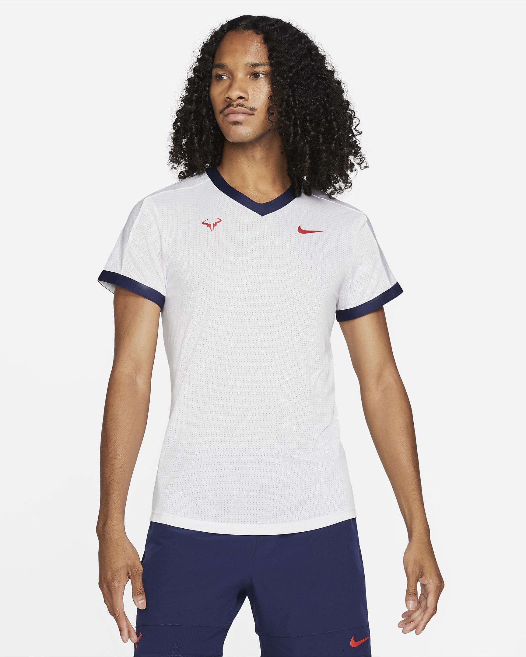 Camiseta de tenis de manga corta para hombre NikeCourt Dri-FIT ADV Rafa - Blanco/Azul binario/Azul binario/Rojo chile