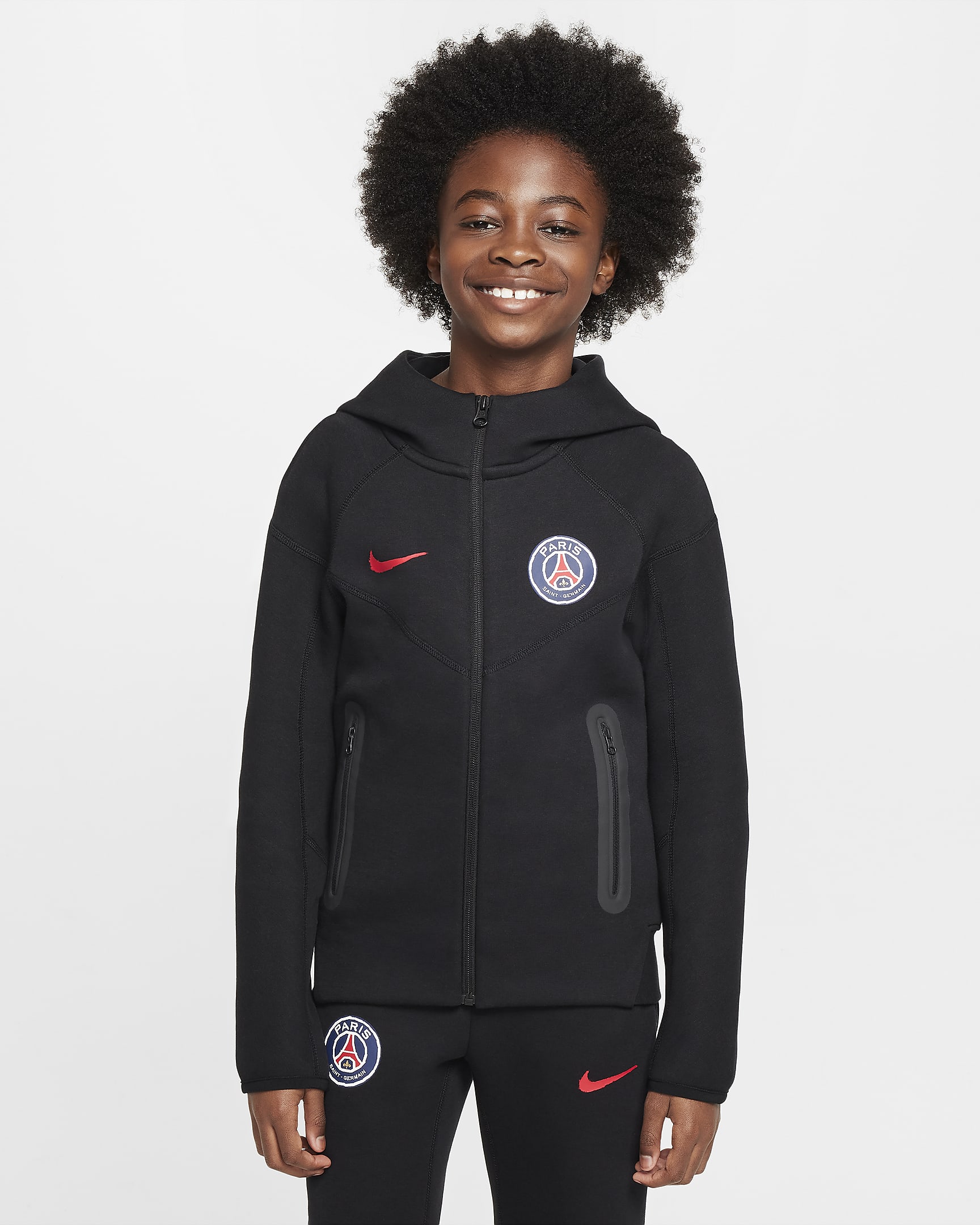 Mikina Nike Football Paris Saint-Germain Tech Fleece s kapucí a zipem po celé délce pro chlapce - Černá/University Red