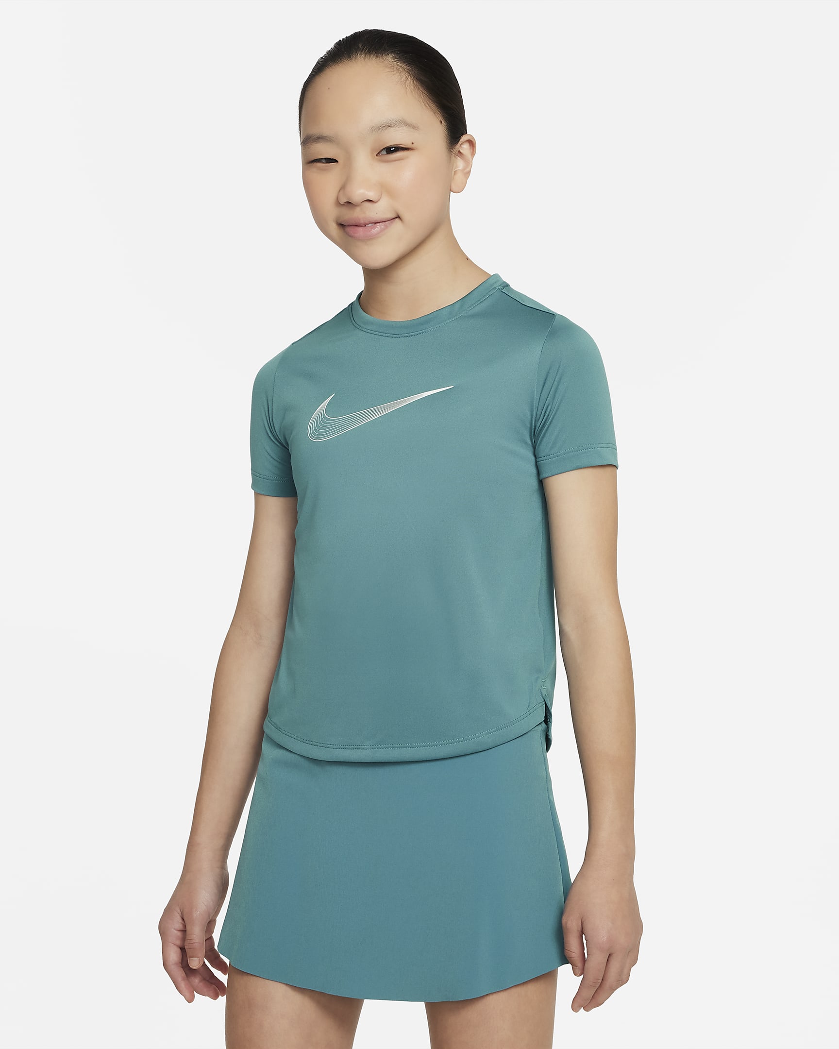 Nike One Older Kids' (Girls') Dri-FIT Short-Sleeve Training Top - Mineral Teal/White