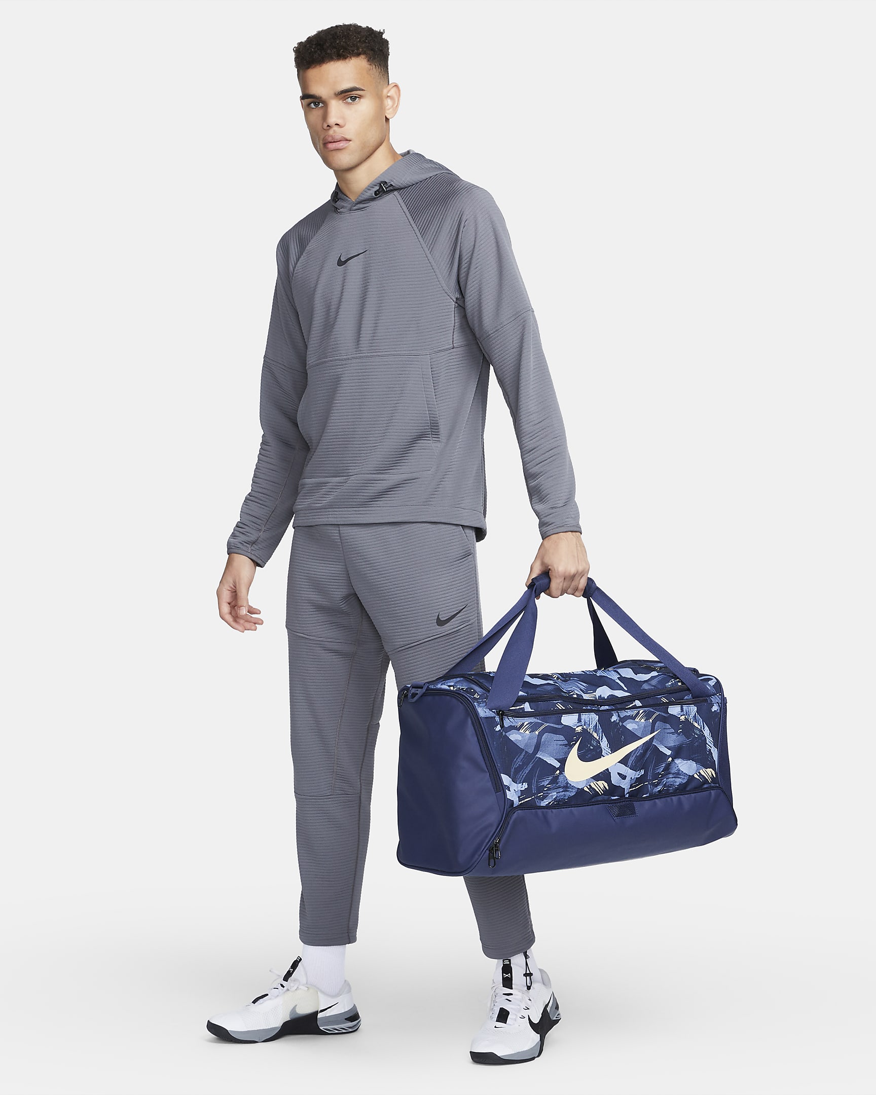 Nike Brasilia Printed Duffel Bag (Medium, 60L) - Midnight Navy/Midnight Navy/Pale Vanilla