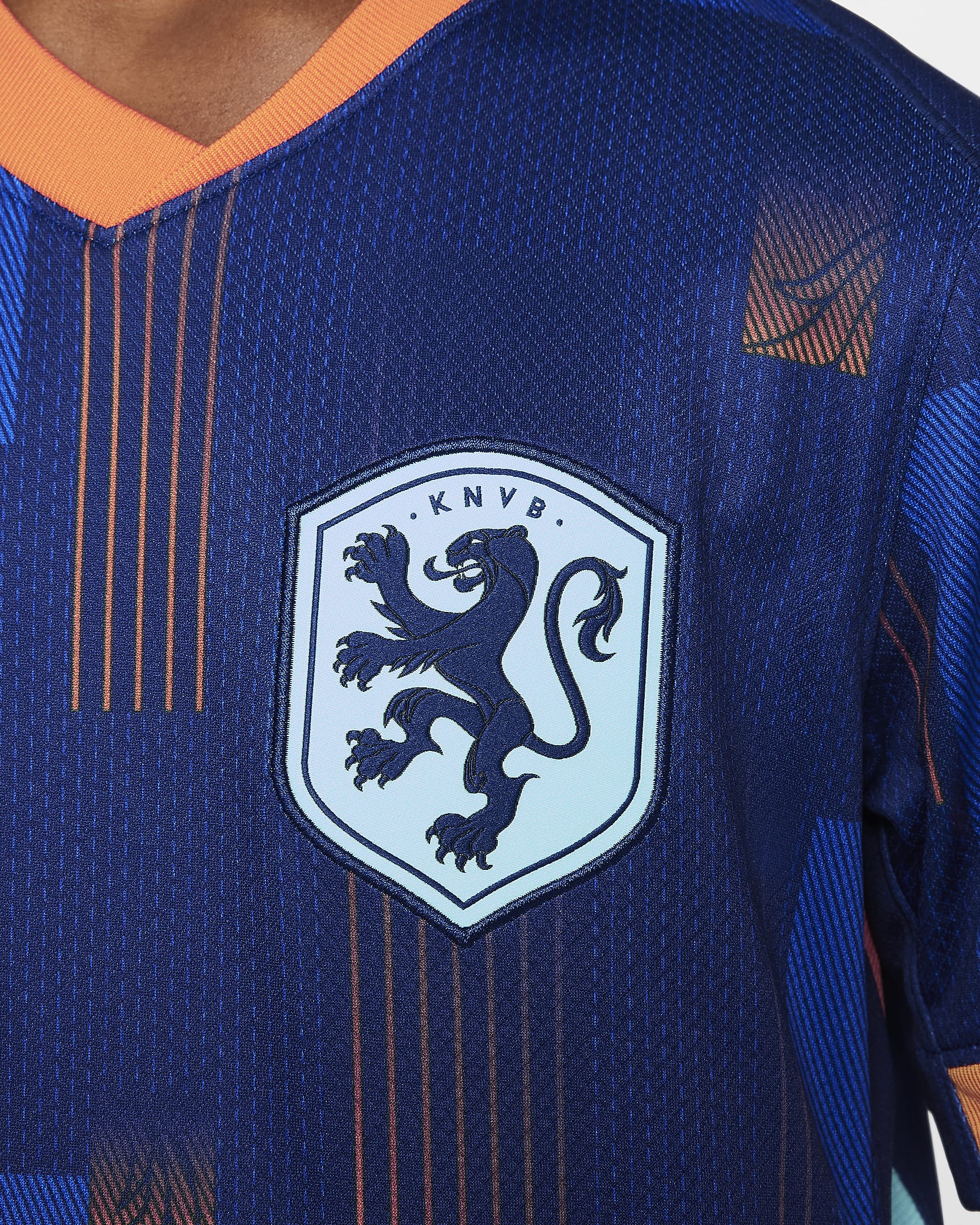 Hollandia (női csapat) 2024/25 Stadium idegenbeli Nike Dri-FIT replika futballmez nagyobb gyerekeknek - Blue Void/Safety Orange/Copa/Fehér