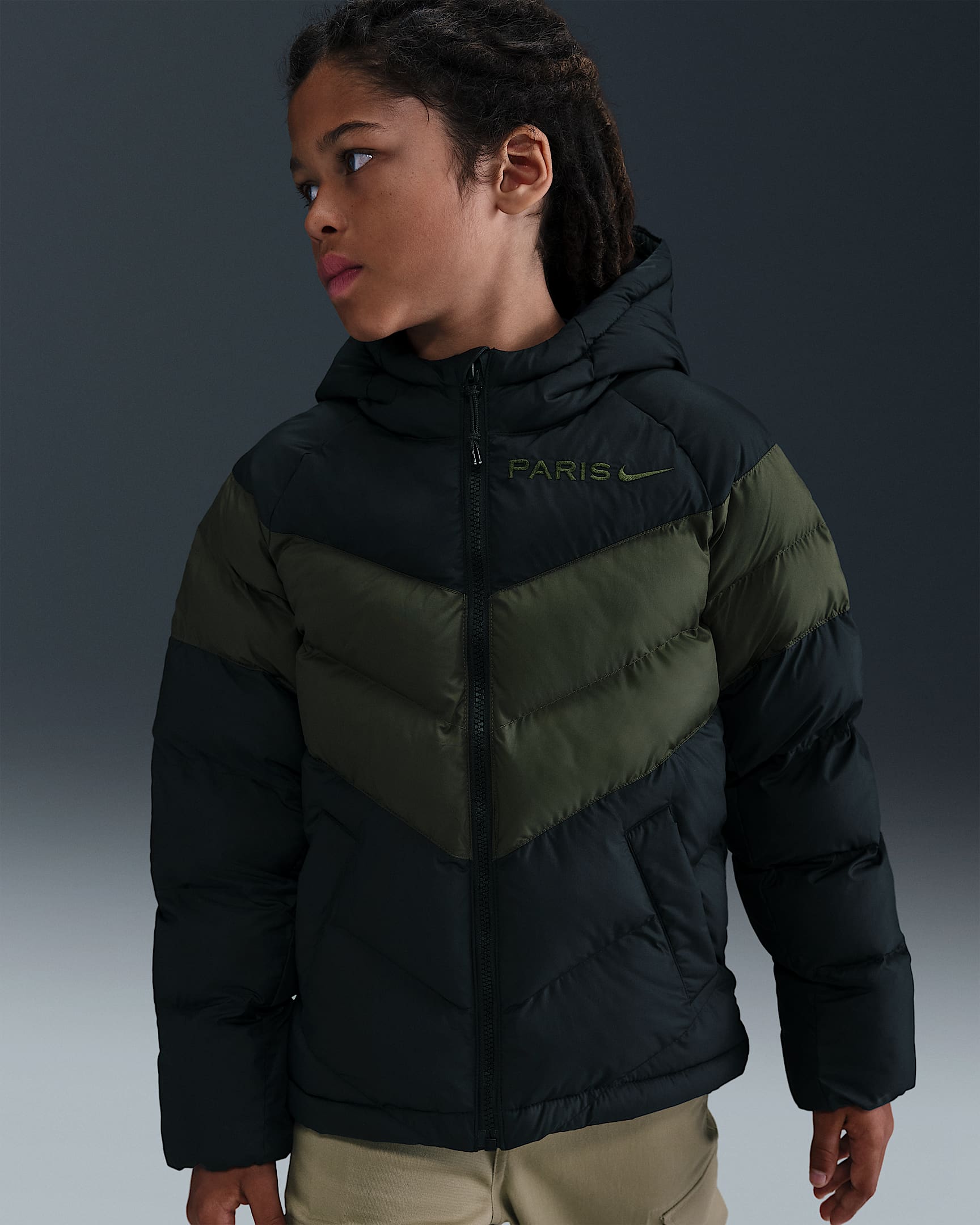 Paris Saint-Germain Older Kids' Nike Football Synthetic Fill Hooded Jacket - Black/Cargo Khaki/Cargo Khaki
