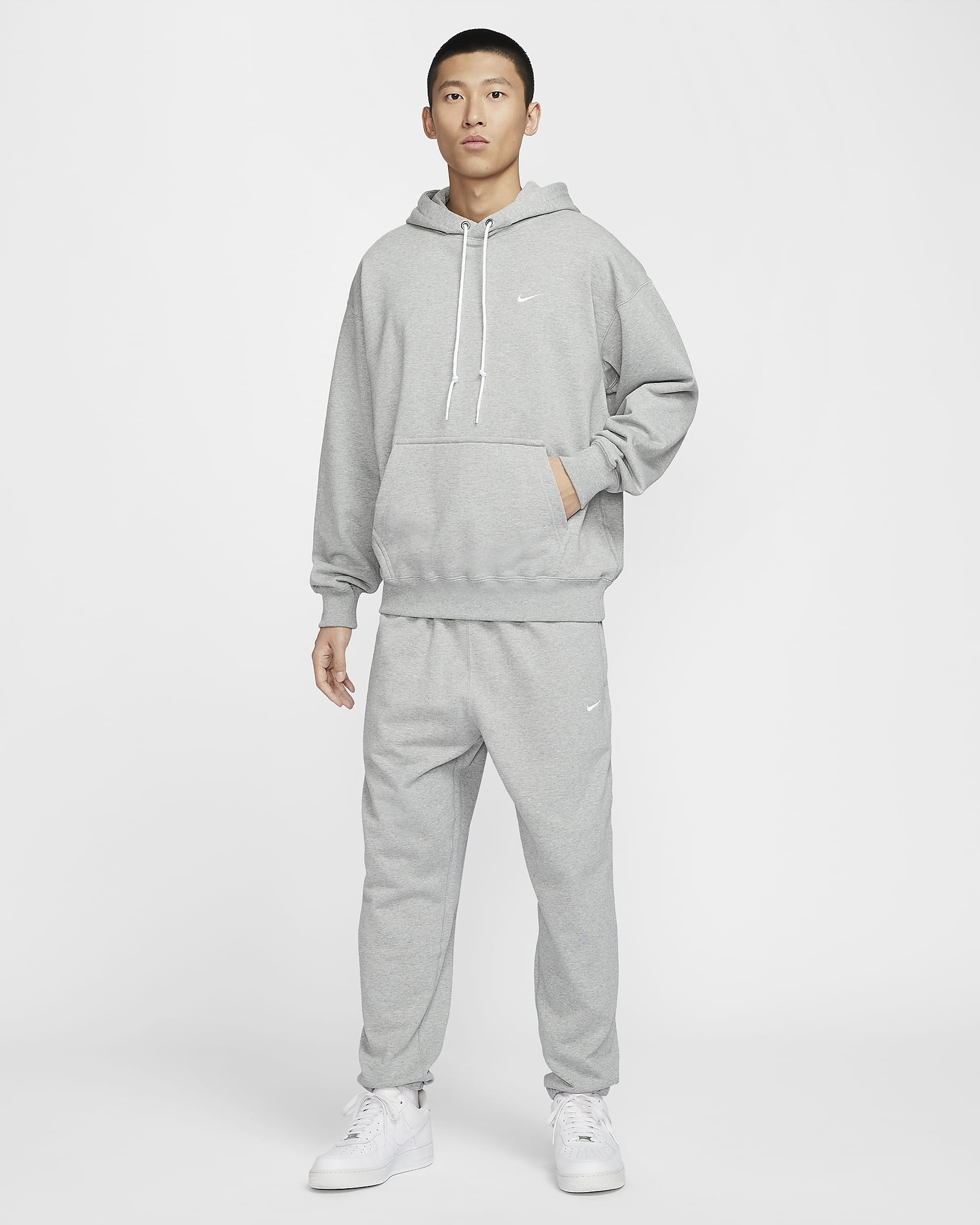 Nike Solo Swoosh Men's French Terry Pullover Hoodie - Dark Grey Heather/White