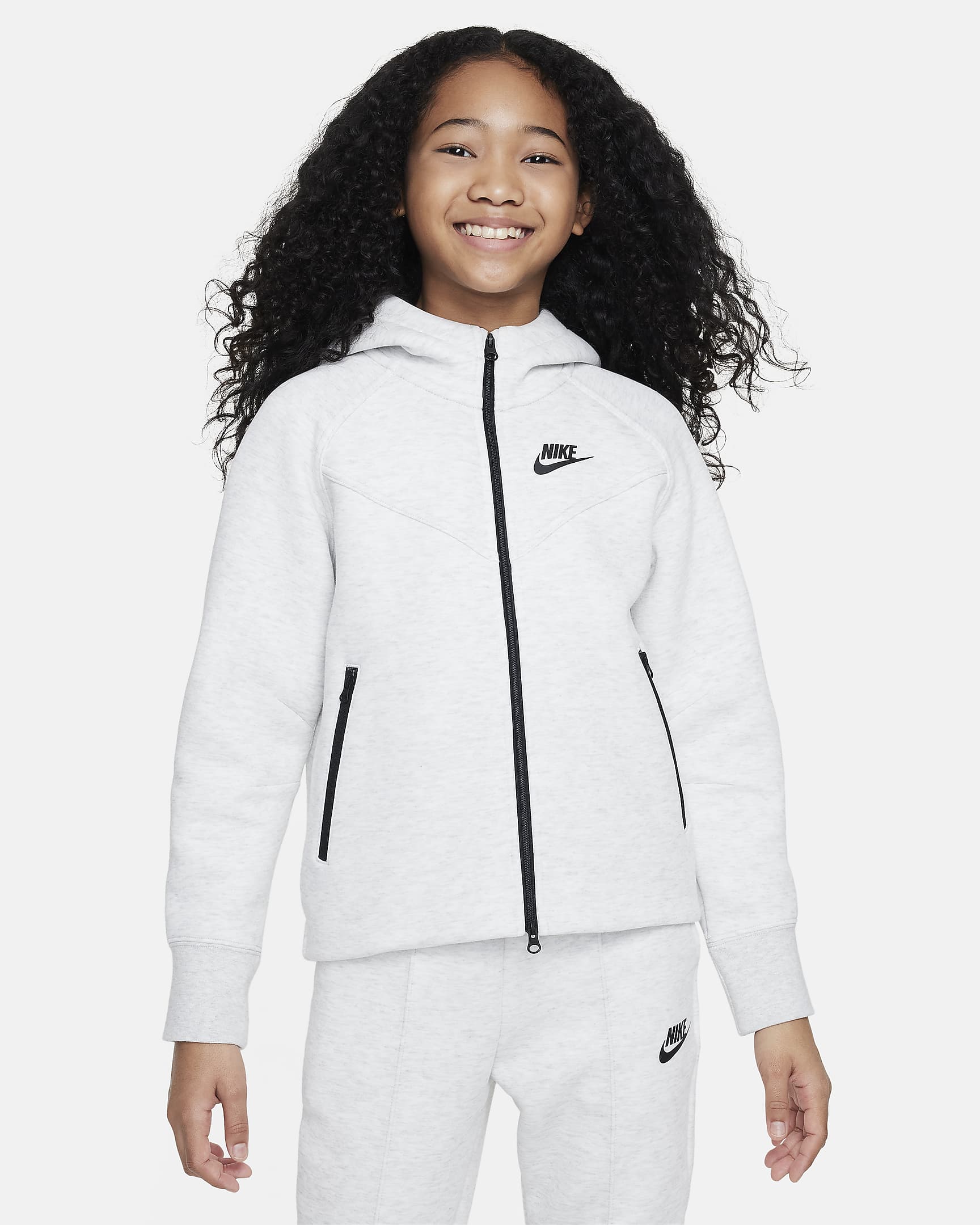 Nike Sportswear Tech Fleece Older Kids' (Girls') Full-Zip Hoodie - Light Grey/Heather/Black/Black