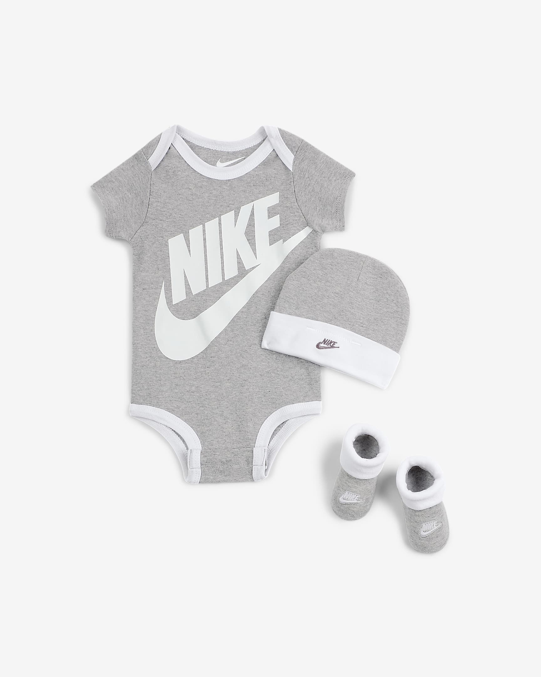 Caja de conjunto de body de tres piezas para bebé (de 0 a 9 meses) Nike Futura - Gris claro jaspeado