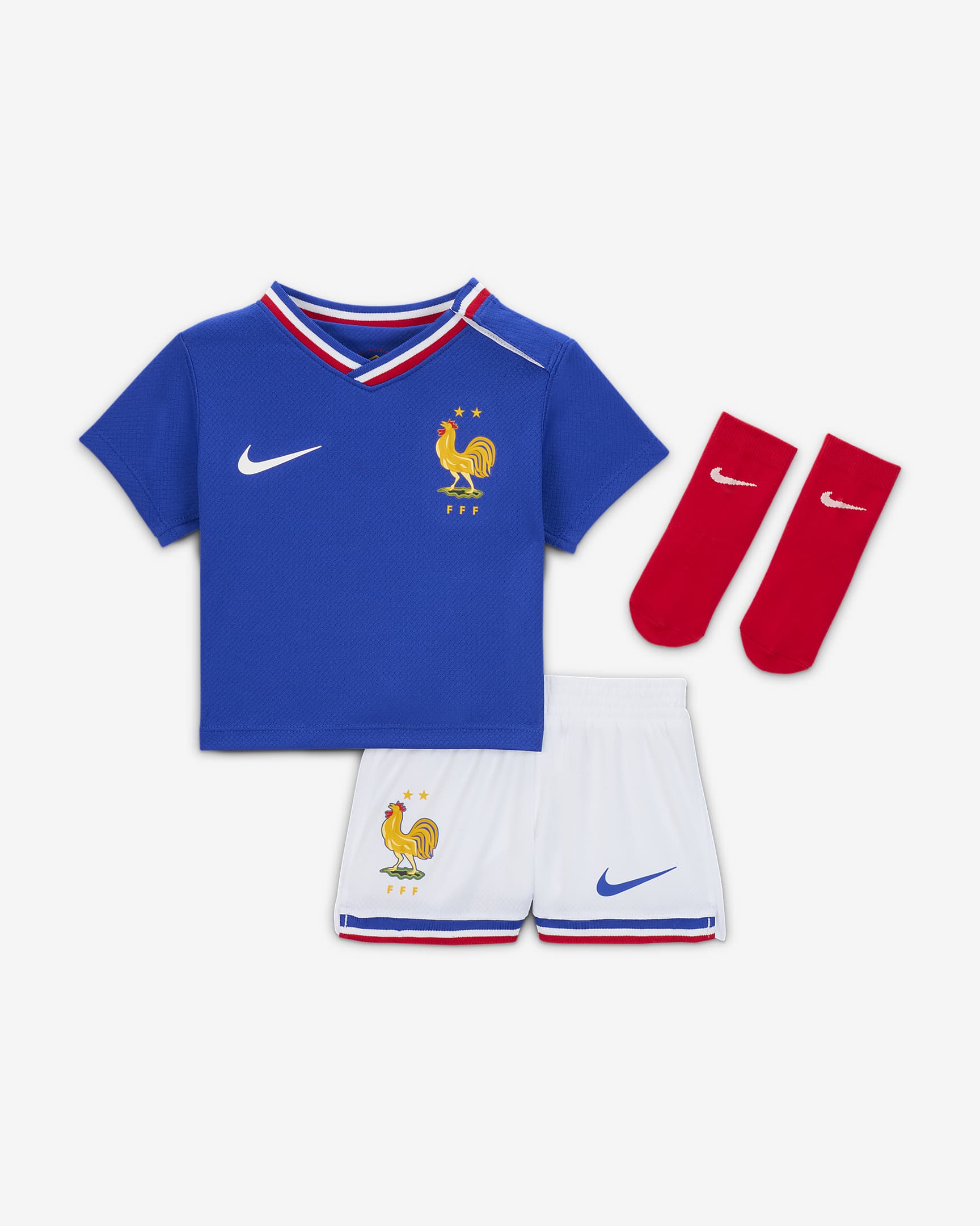 Conjunto de três peças de futebol de réplica Nike do equipamento principal Stadium FFF 2024/25 para bebé - Azul Bright/Vermelho University/Branco/Branco