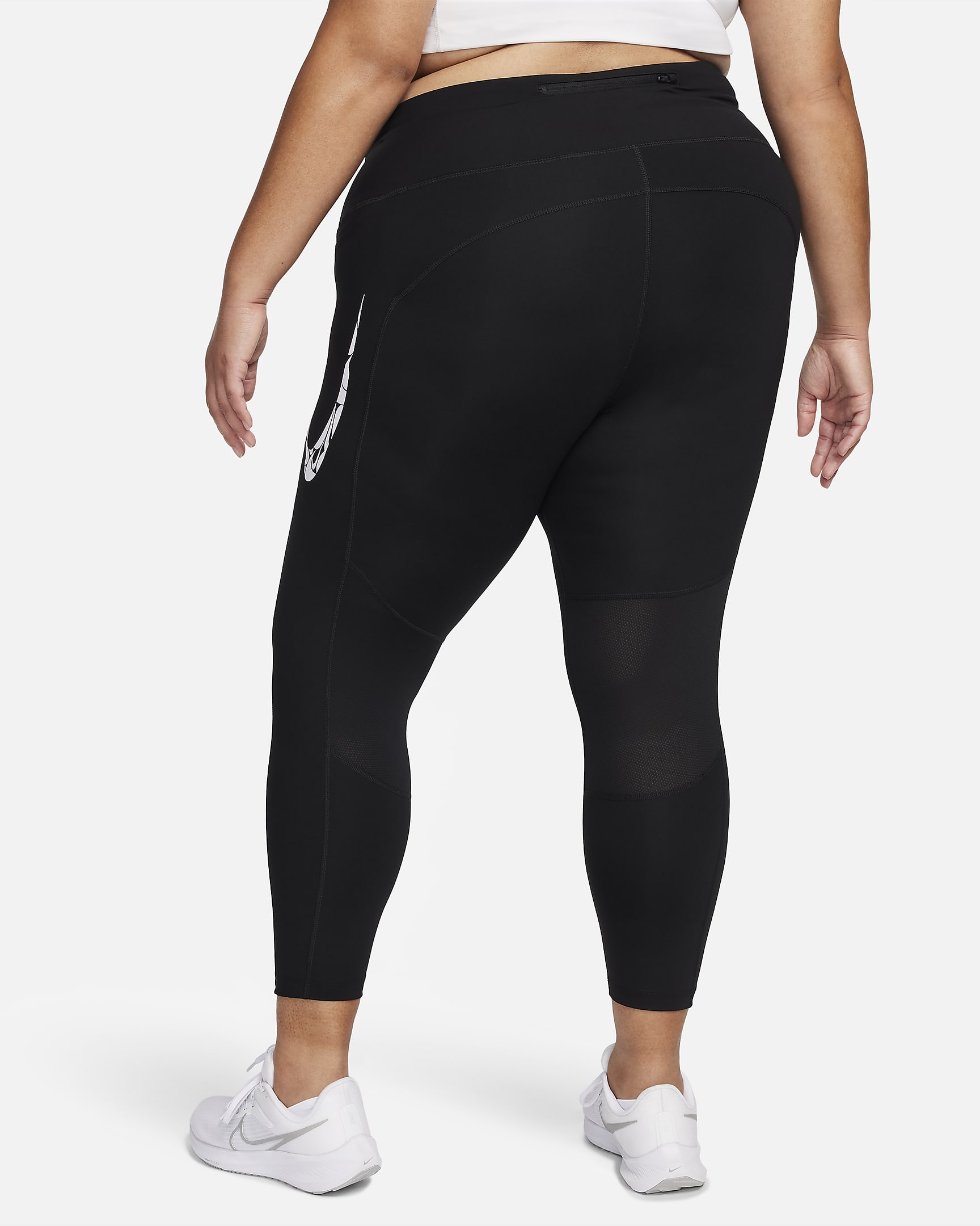 Nike Fast 7/8-hardlooplegging met halfhoge taille en zakken voor dames (Plus Size) - Zwart/Wit