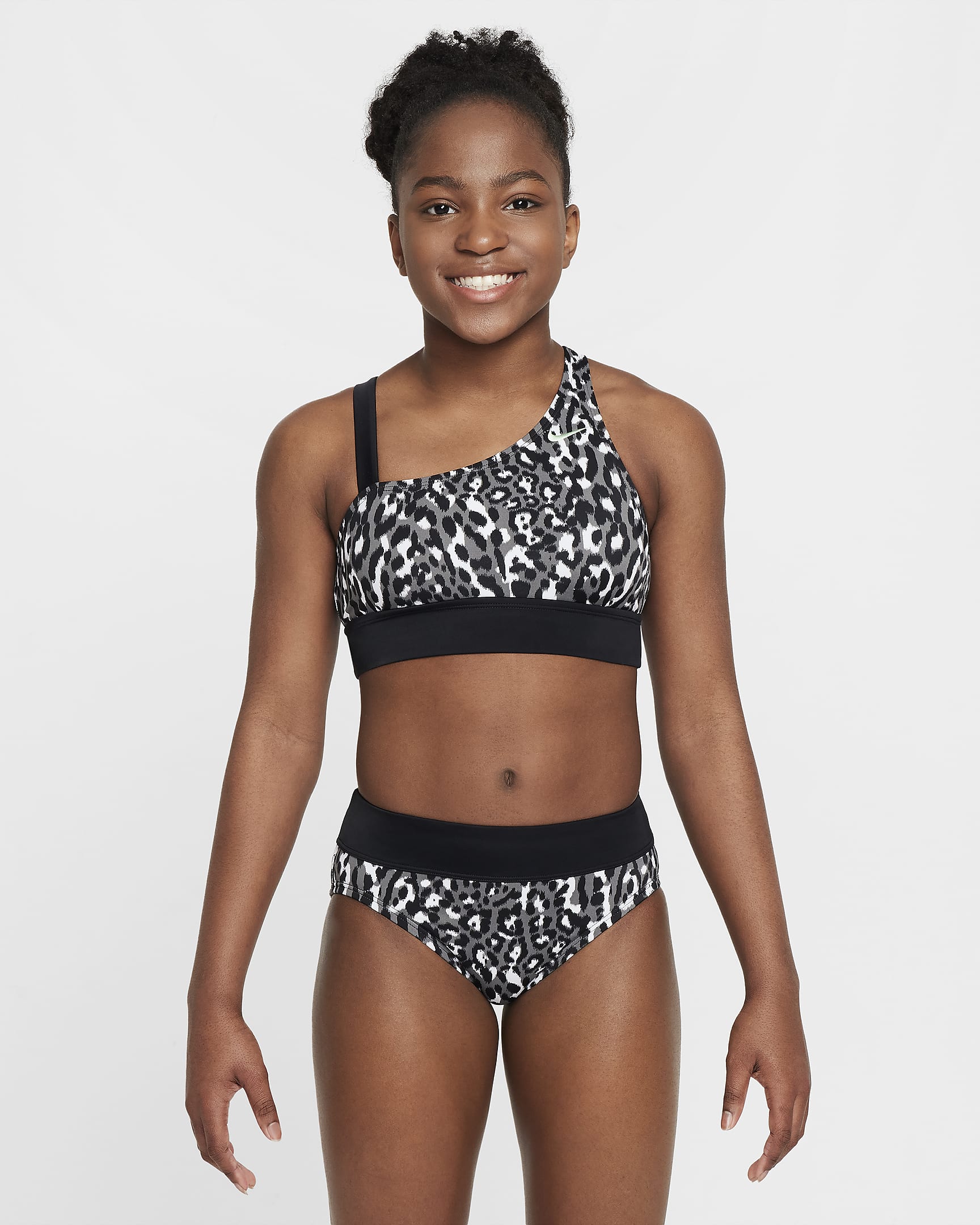 Nike Swim Wild Older Kids' (Girls') Asymmetrical Monokini - Iron Grey/Black/White/Vapour Green